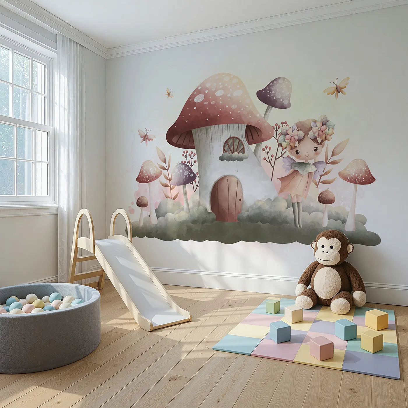 Angled view of Whimsy Tots' Fairy Mushroom House Wall Mural in Purple (Turn Their Room into a Sweet and Magical Fairytale Scene).Best for Girls