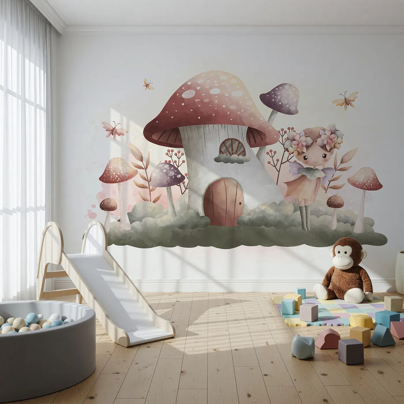 Front view of Whimsy Tots' Fairy Mushroom House Wall Mural in Purple