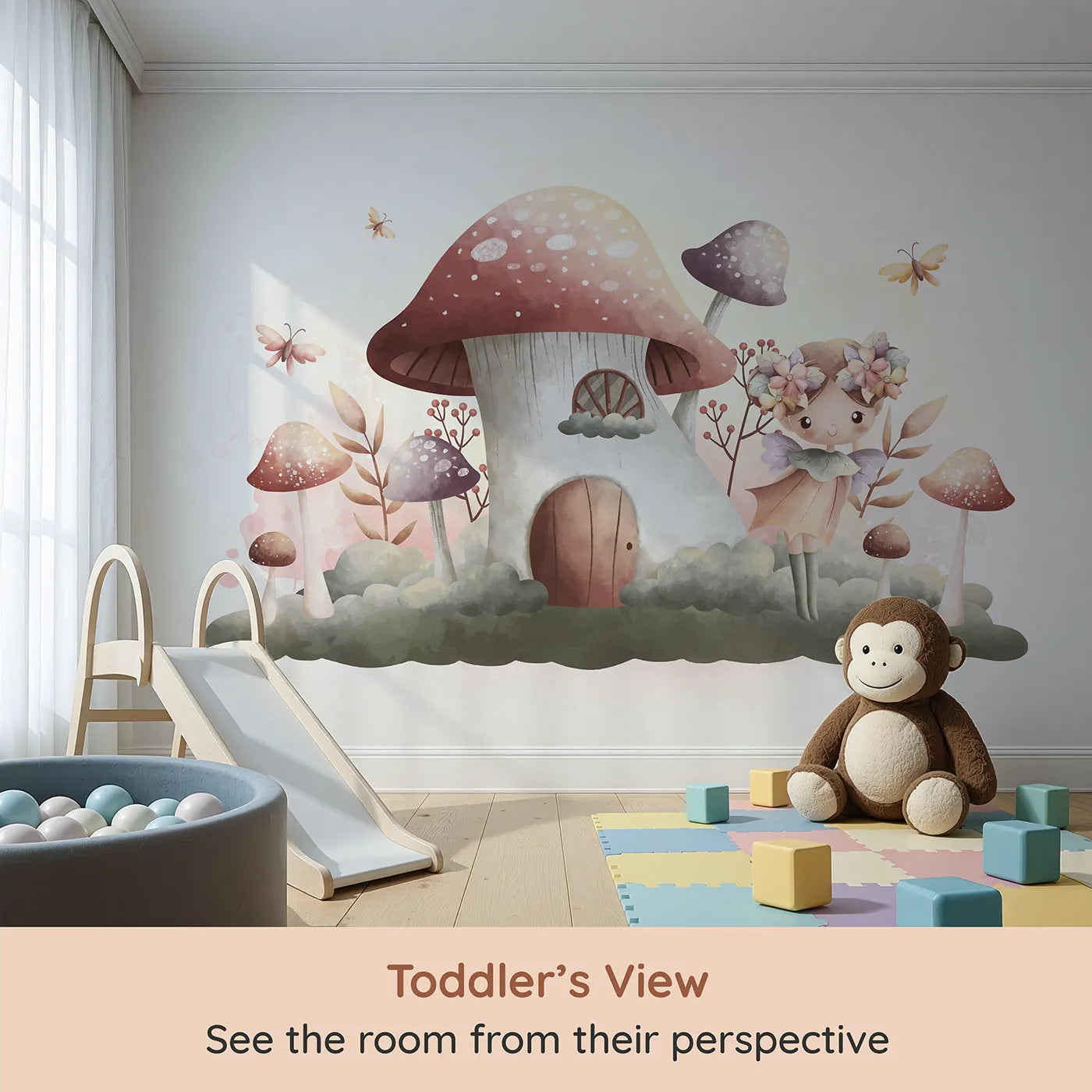 Whimsy Tots Fairy Mushroom House Wall Mural in Purple (Turn Their Room into a Sweet and Magical Fairytale Scene) from your child's view.Best for Girls