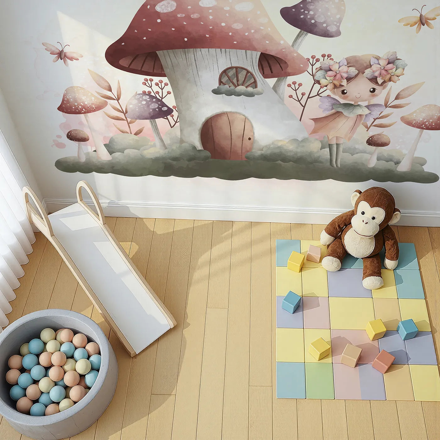 Top-down view of Whimsy Tots' Fairy Mushroom House Wall Mural in Purple (Turn Their Room into a Sweet and Magical Fairytale Scene).Best for Girls