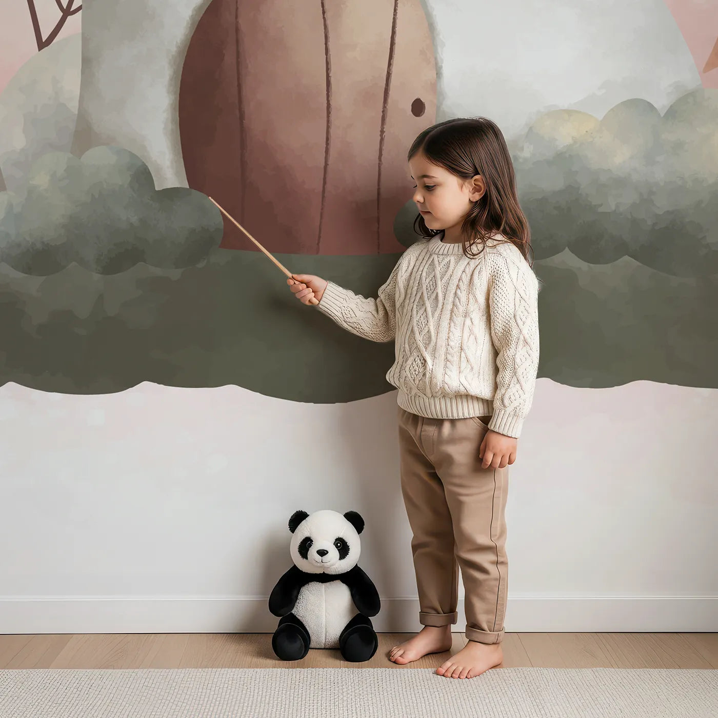 Child in front of Whimsy Tots Fairy Mushroom House Wall Mural in Purple with fairy, mushroom, house, cute, watercolor, fairytale, purple, magical in design.