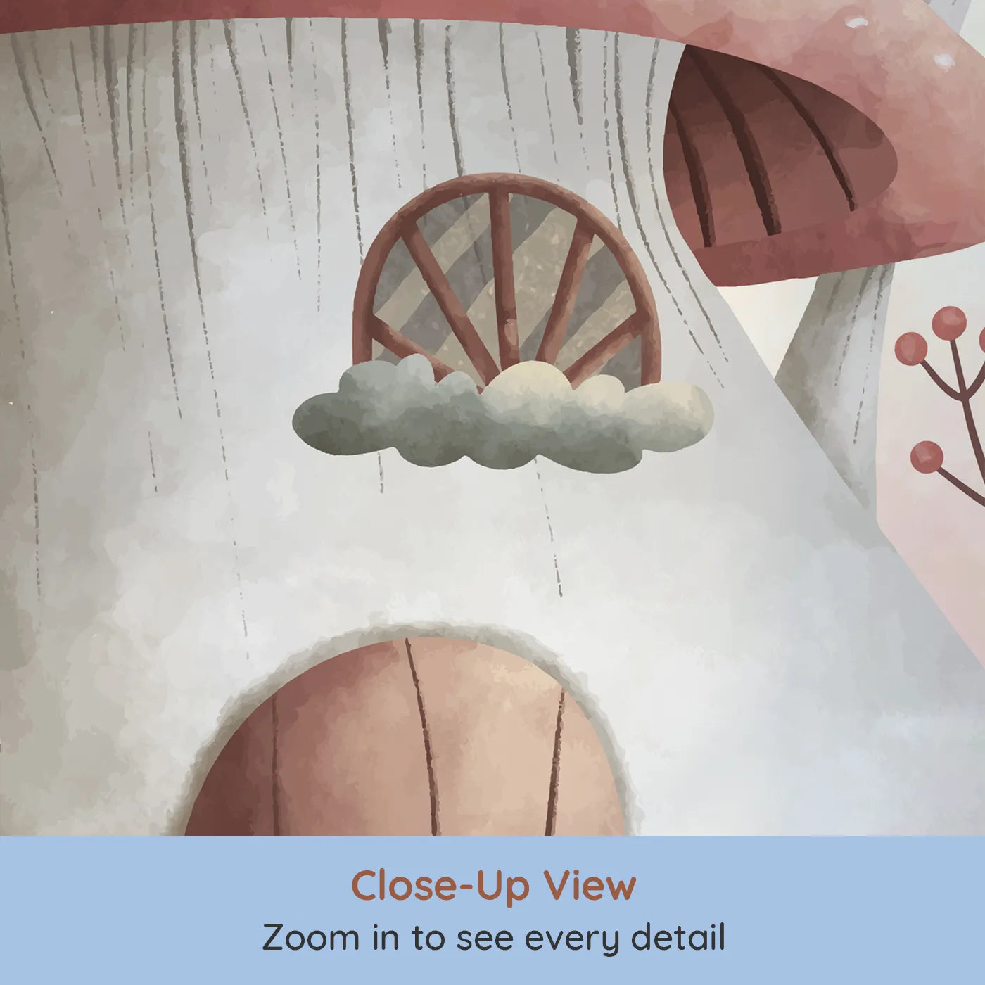 Close-up view of Whimsy Tots' Fairy Mushroom House Wall Mural in Purple (Turn Their Room into a Sweet and Magical Fairytale Scene).Best for Girls