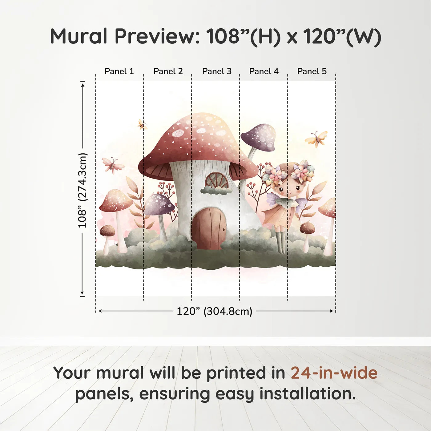 Whimsy Tots Fairy Mushroom House Wall Mural in Purpledimension view (108" H x 120" W). Printed in five 24-inch-wide panels. Best for Girls