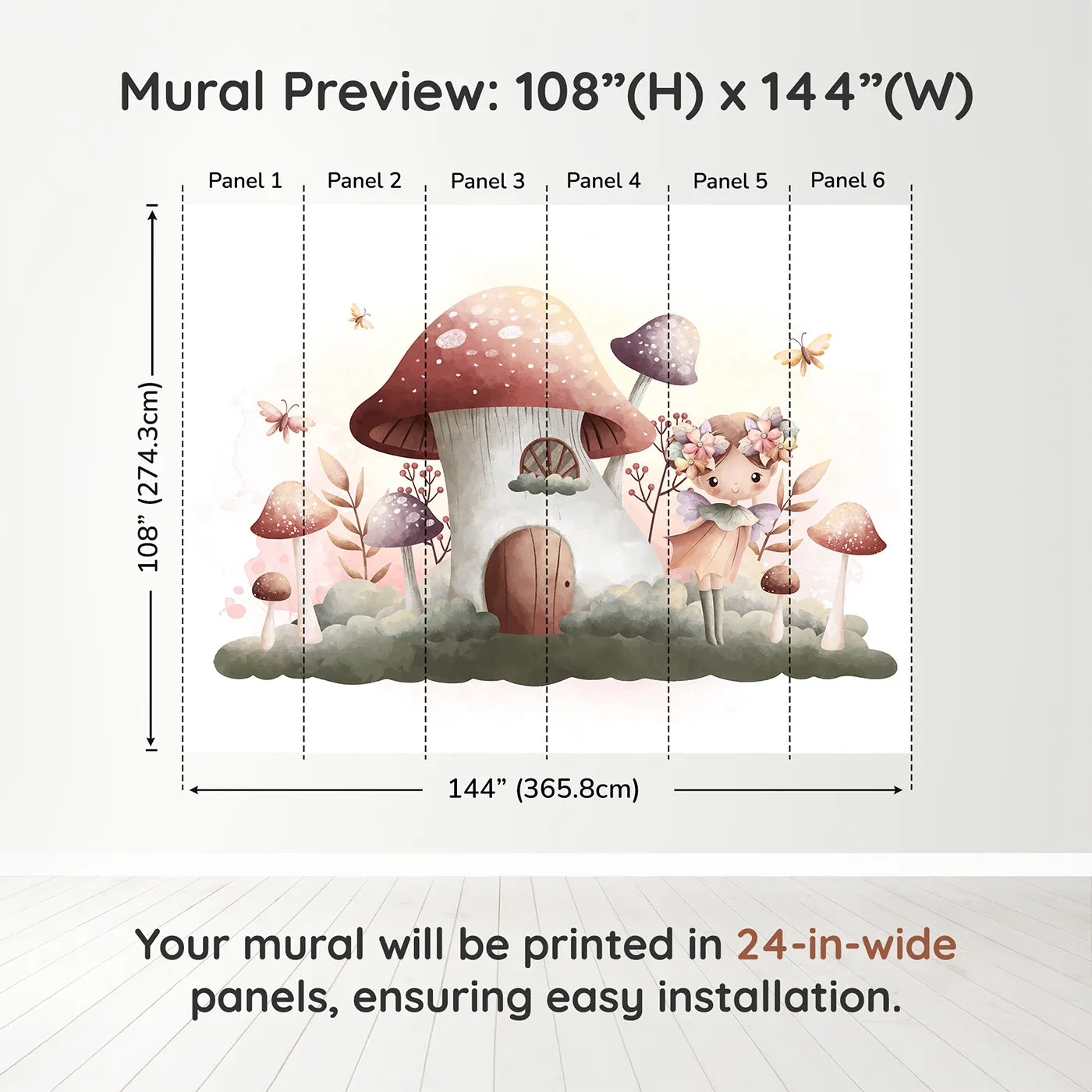 Whimsy Tots Fairy Mushroom House Wall Mural in Purpledimension view (108" H x 144" W). Printed in six 24-inch-wide panels. Best for Girls
