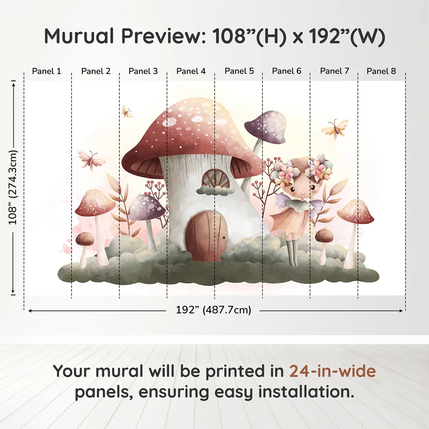 Whimsy Tots Fairy Mushroom House Wall Mural in Purpledimension view (108" H x 192" W). Printed in eight 24-inch-wide panels. Best for Girls