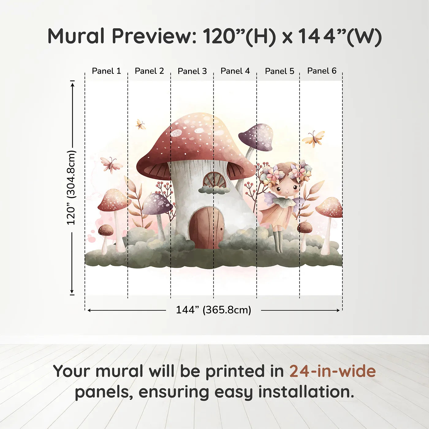 Whimsy Tots Fairy Mushroom House Wall Mural in Purpledimension view (120" H x 144" W). Printed in six 24-inch-wide panels. Best for Girls