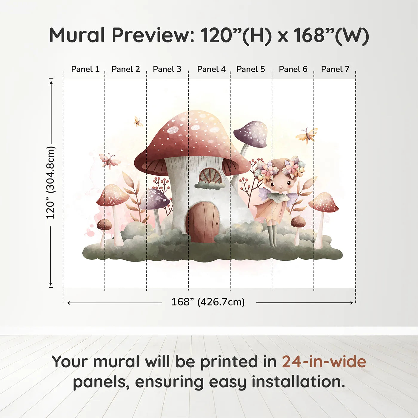 Whimsy Tots Fairy Mushroom House Wall Mural in Purpledimension view (120" H x 168" W). Printed in seven 24-inch-wide panels. Best for Girls