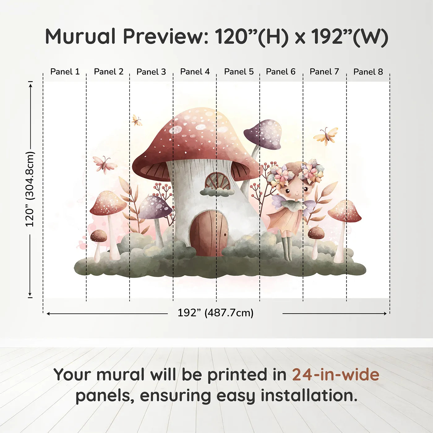 Whimsy Tots Fairy Mushroom House Wall Mural in Purpledimension view (120" H x 192" W). Printed in eight 24-inch-wide panels. Best for Girls