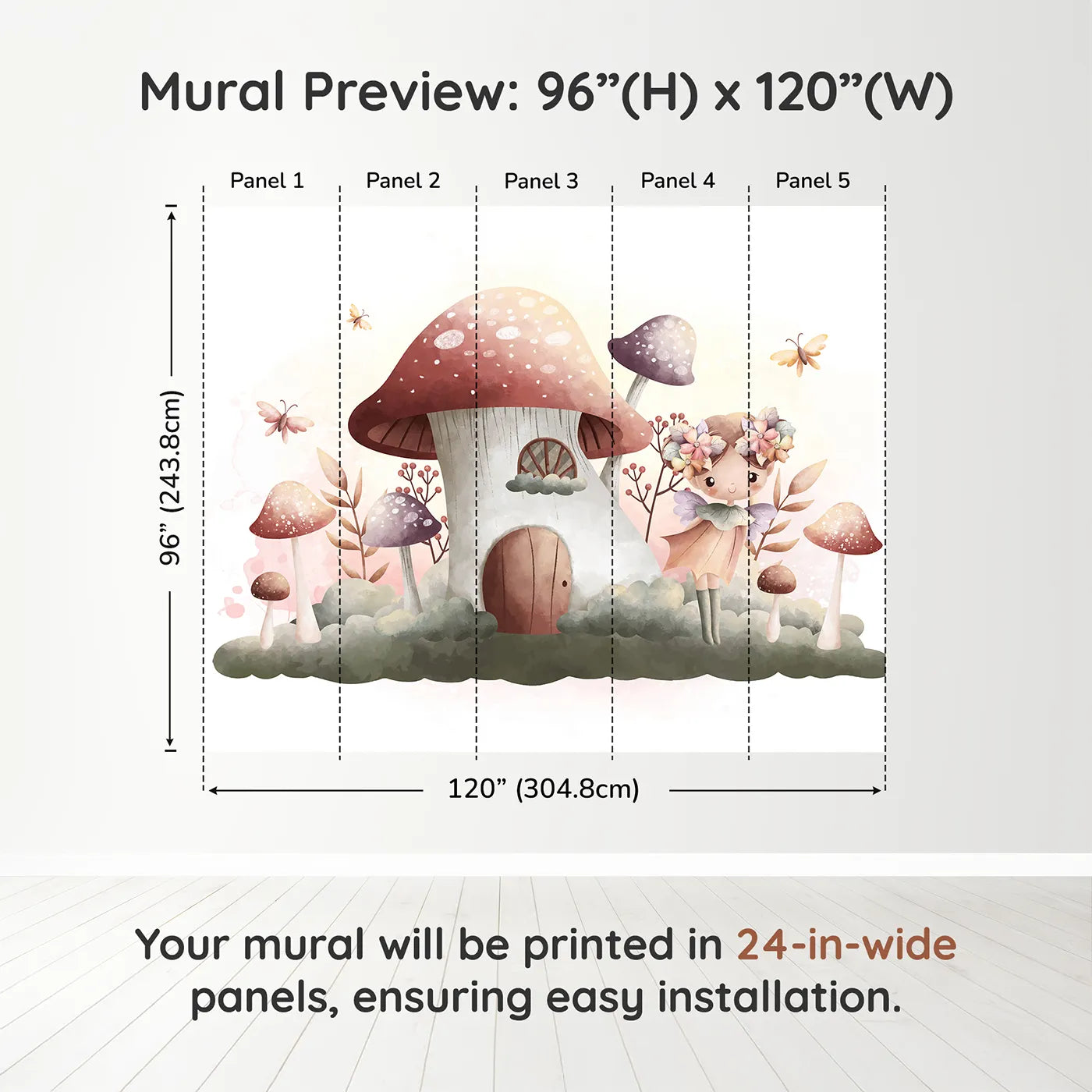 Whimsy Tots Fairy Mushroom House Wall Mural in Purpledimension view (96" H x 120" W). Printed in five 24-inch-wide panels. Best for Girls