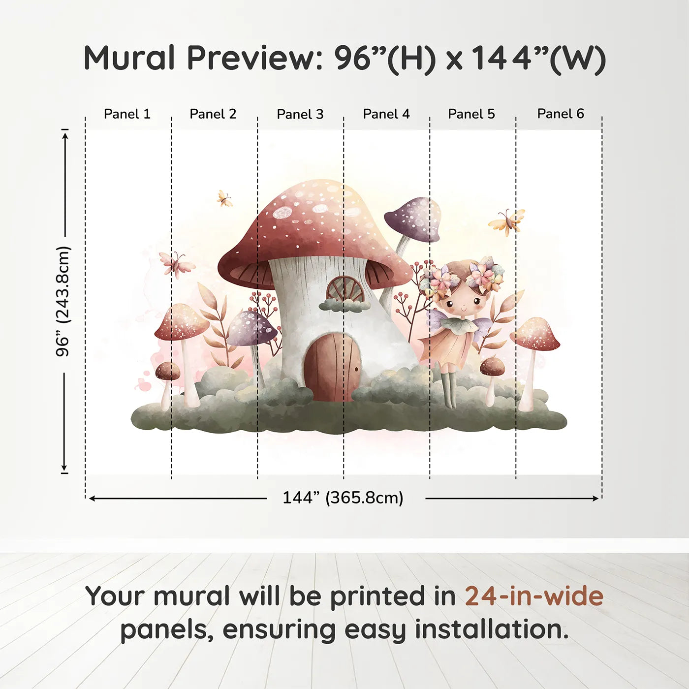 Whimsy Tots Fairy Mushroom House Wall Mural in Purpledimension view (96" H x 144" W). Printed in six 24-inch-wide panels. Best for Girls
