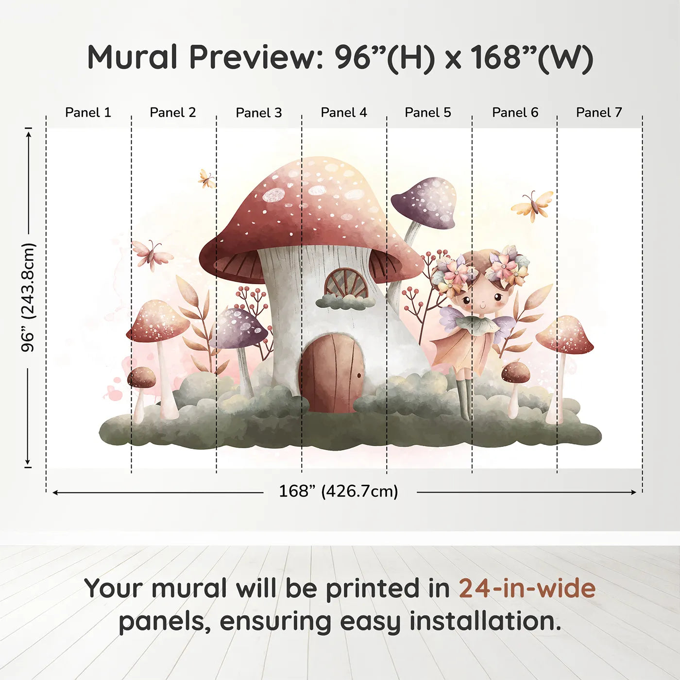 Whimsy Tots Fairy Mushroom House Wall Mural in Purpledimension view (96" H x 168" W). Printed in seven 24-inch-wide panels. Best for Girls