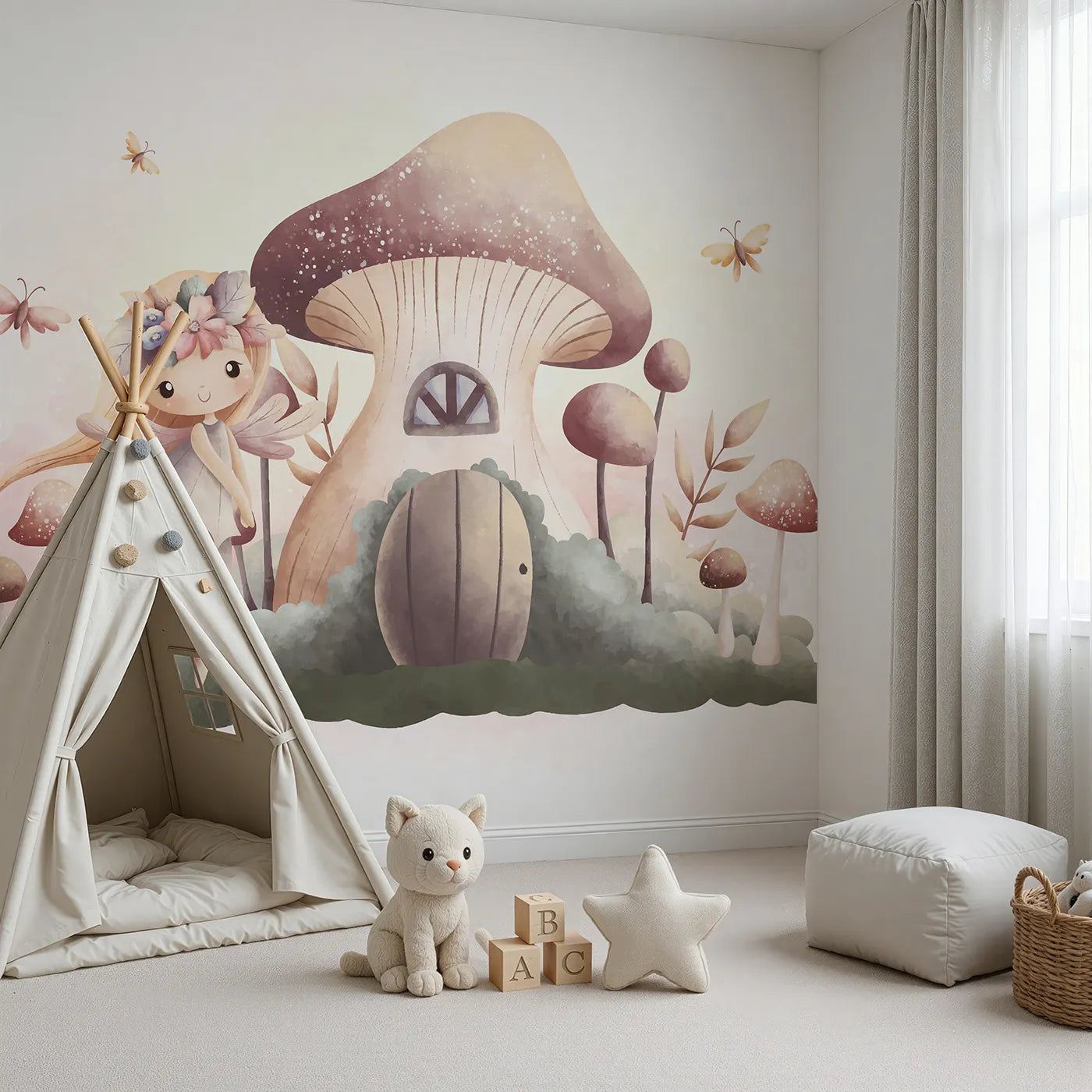 Angled view of Whimsy Tots' Fairy Mushroom House Wall Mural in Beige (Turn Their Room into a Sweet and Magical Fairytale Scene).Best for Girls