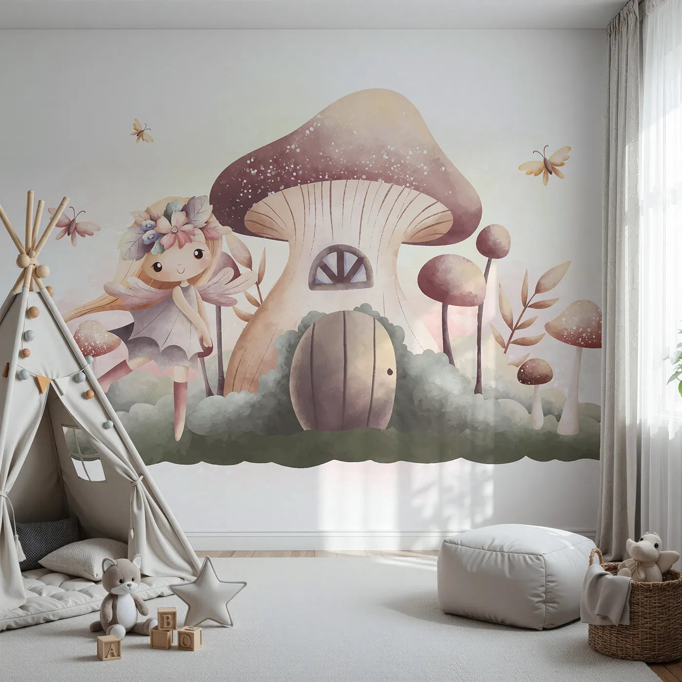 Front view of Whimsy Tots' Fairy Mushroom House Wall Mural in Beige