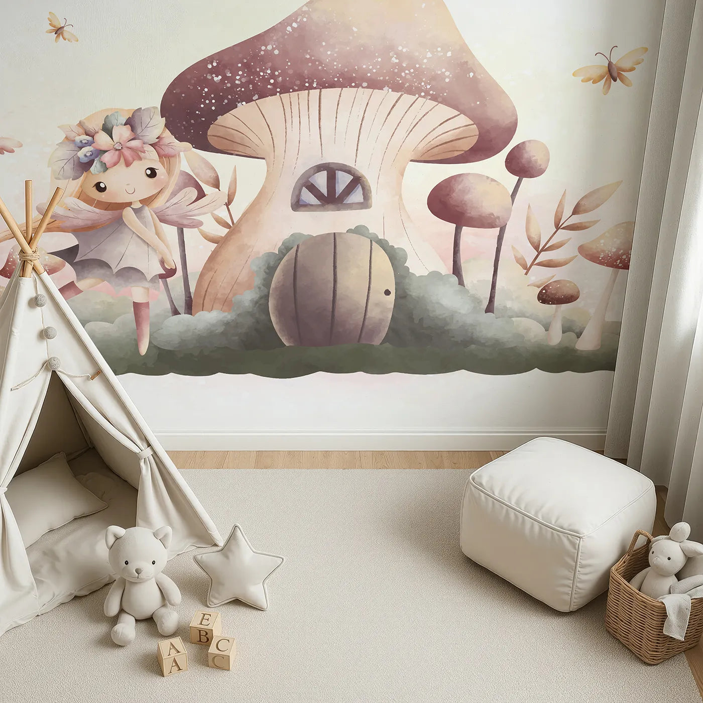 Top-down view of Whimsy Tots' Fairy Mushroom House Wall Mural in Beige (Turn Their Room into a Sweet and Magical Fairytale Scene).Best for Girls