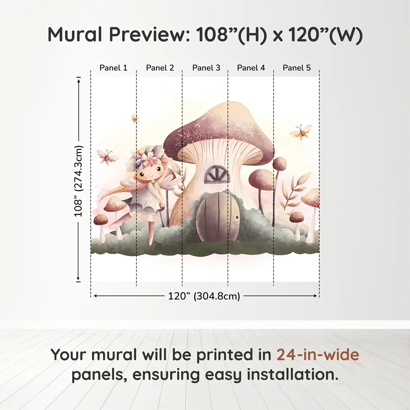 Whimsy Tots Fairy Mushroom House Wall Mural in Beigedimension view (108" H x 120" W). Printed in five 24-inch-wide panels. Best for Girls