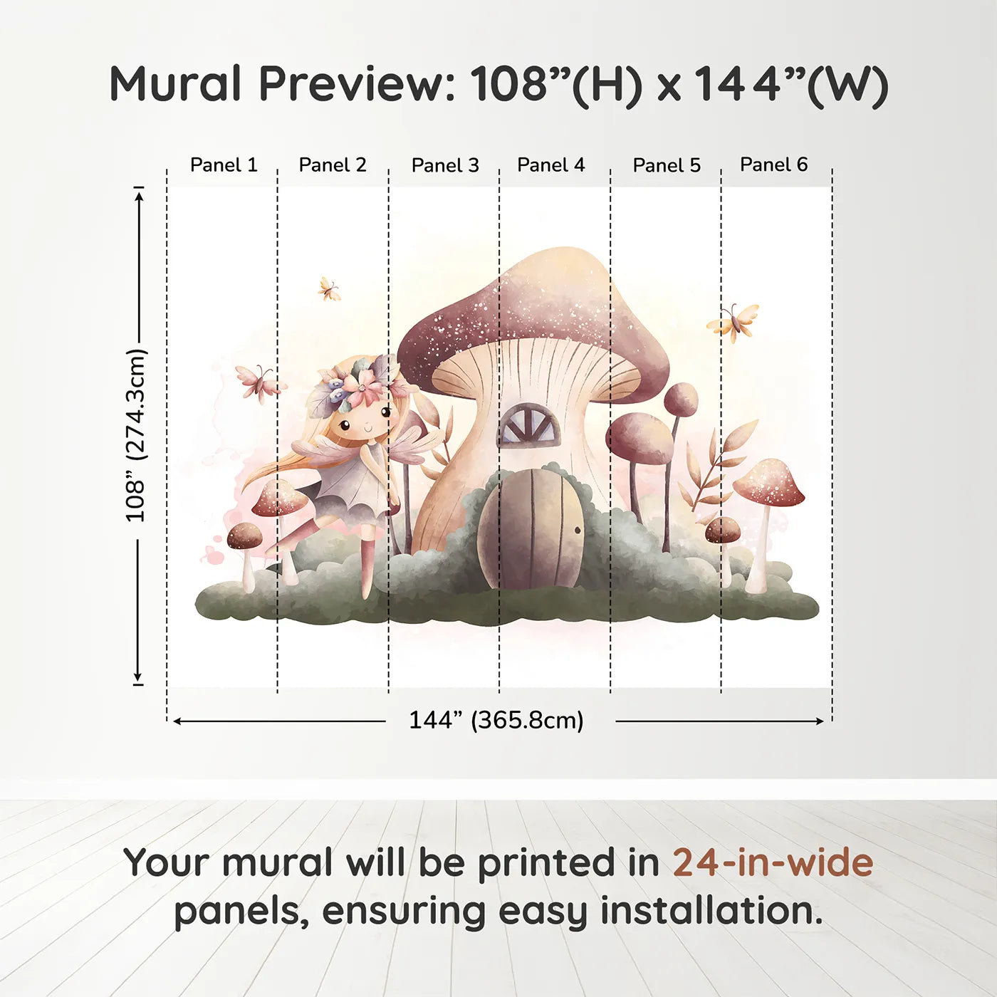Whimsy Tots Fairy Mushroom House Wall Mural in Beigedimension view (108" H x 144" W). Printed in six 24-inch-wide panels. Best for Girls