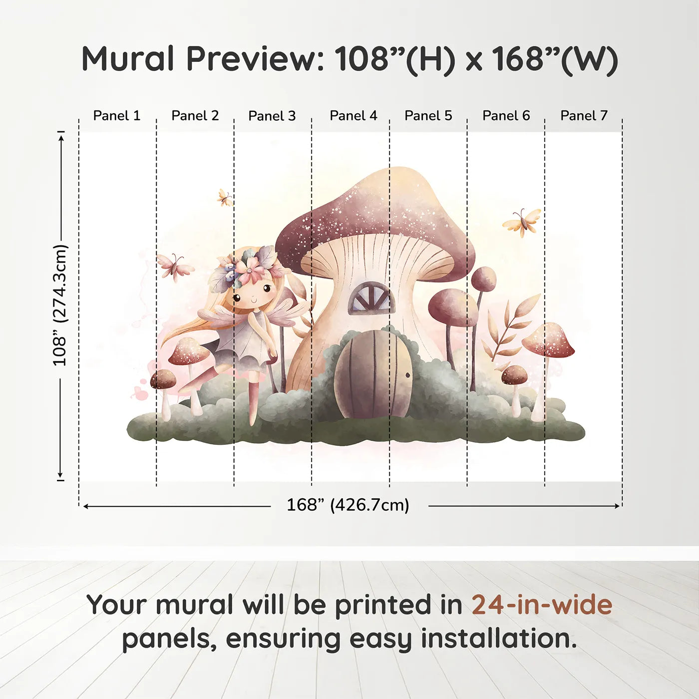 Whimsy Tots Fairy Mushroom House Wall Mural in Beigedimension view (108" H x 168" W). Printed in seven 24-inch-wide panels. Best for Girls