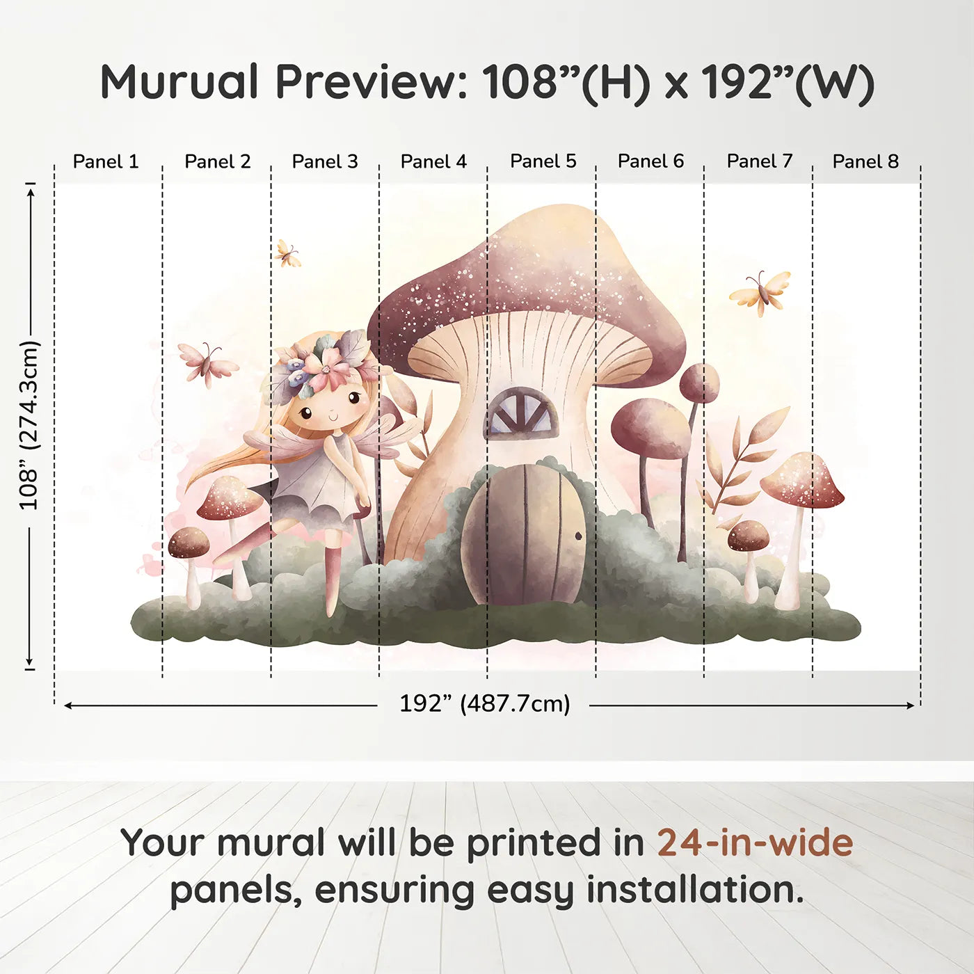 Whimsy Tots Fairy Mushroom House Wall Mural in Beigedimension view (108" H x 192" W). Printed in eight 24-inch-wide panels. Best for Girls