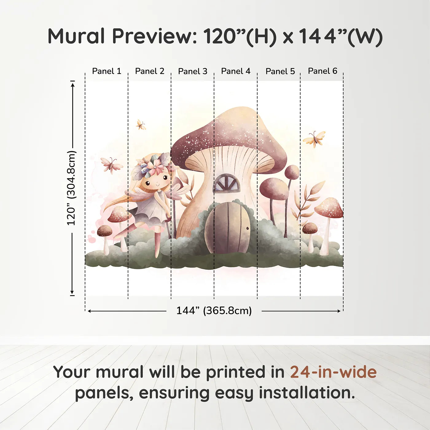 Whimsy Tots Fairy Mushroom House Wall Mural in Beigedimension view (120" H x 144" W). Printed in six 24-inch-wide panels. Best for Girls