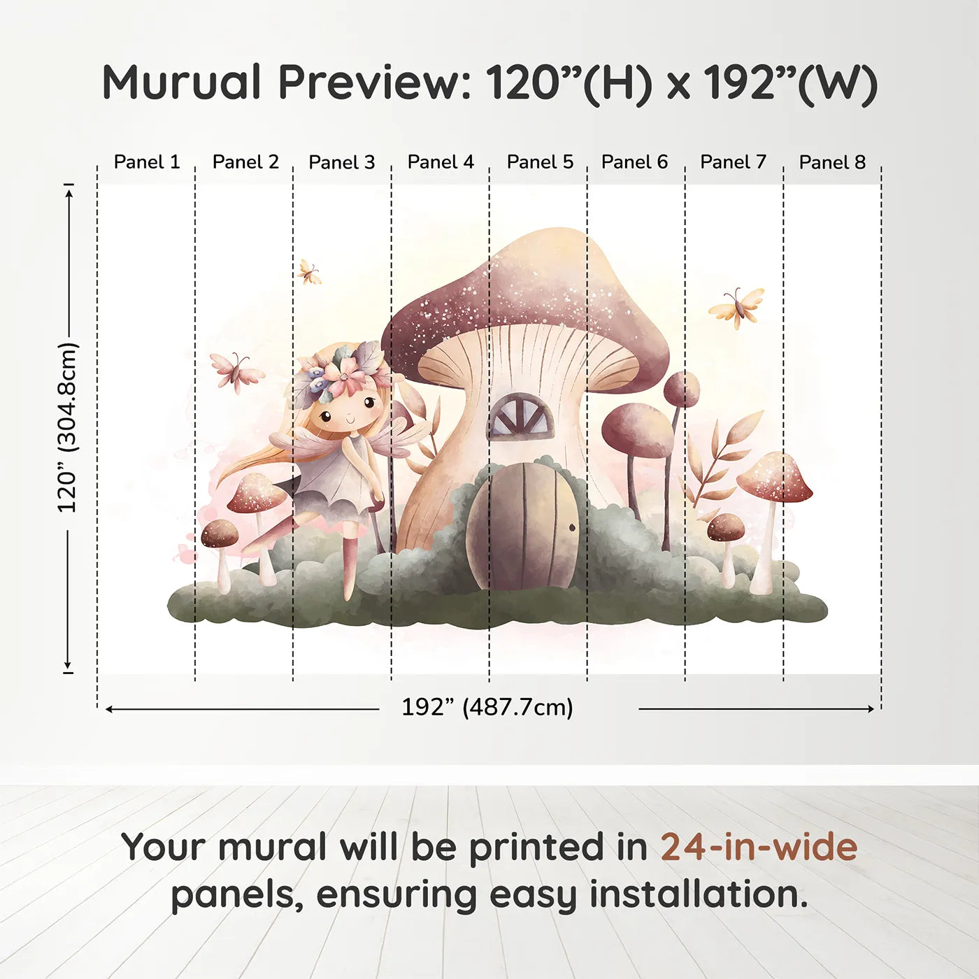 Whimsy Tots Fairy Mushroom House Wall Mural in Beigedimension view (120" H x 192" W). Printed in eight 24-inch-wide panels. Best for Girls