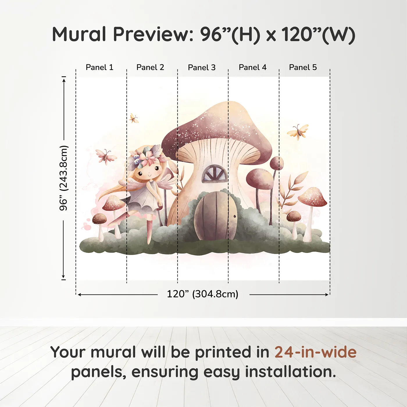 Whimsy Tots Fairy Mushroom House Wall Mural in Beigedimension view (96" H x 120" W). Printed in five 24-inch-wide panels. Best for Girls