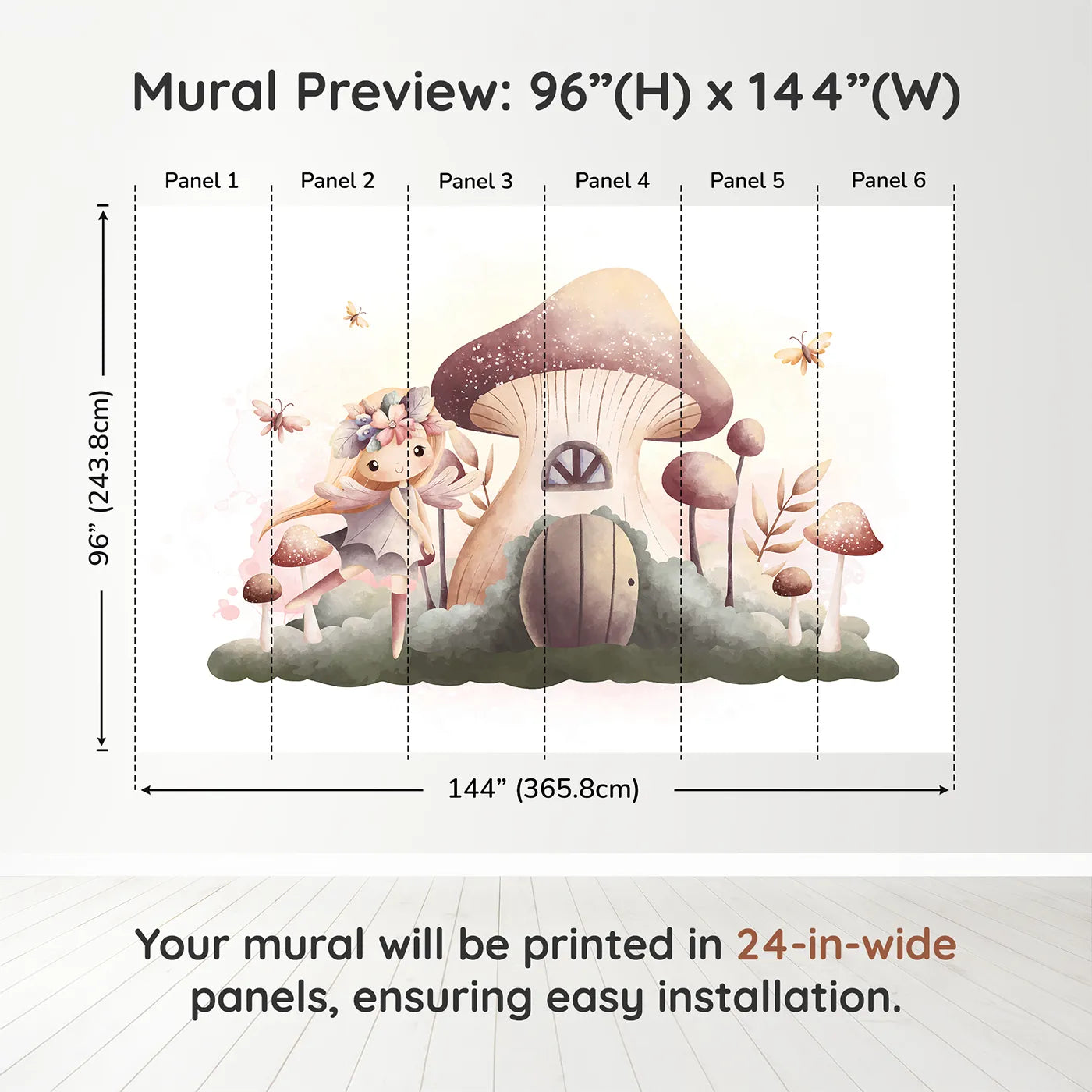 Whimsy Tots Fairy Mushroom House Wall Mural in Beigedimension view (96" H x 144" W). Printed in six 24-inch-wide panels. Best for Girls