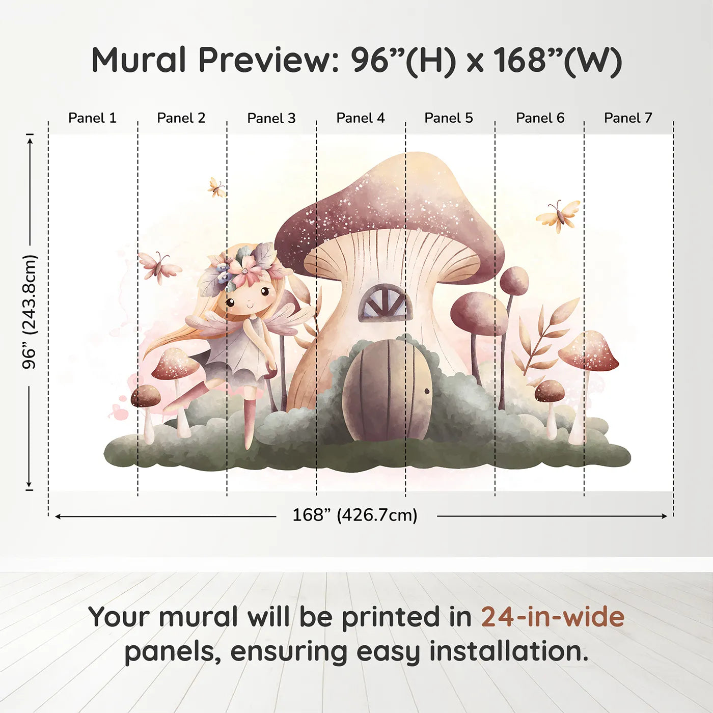 Whimsy Tots Fairy Mushroom House Wall Mural in Beigedimension view (96" H x 168" W). Printed in seven 24-inch-wide panels. Best for Girls