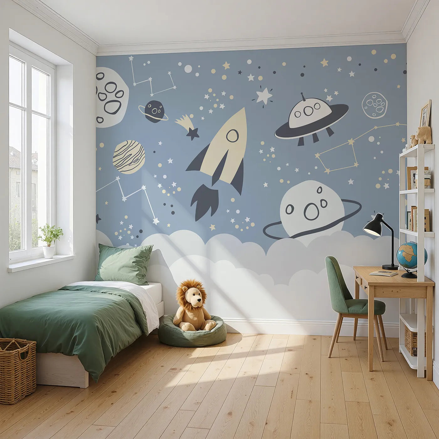 Angled view of Whimsy Tots' Doodle Space Adventure Wall Mural (Turn Their Room into a Fun, Hand-Drawn Galaxy).Gender-Neutral