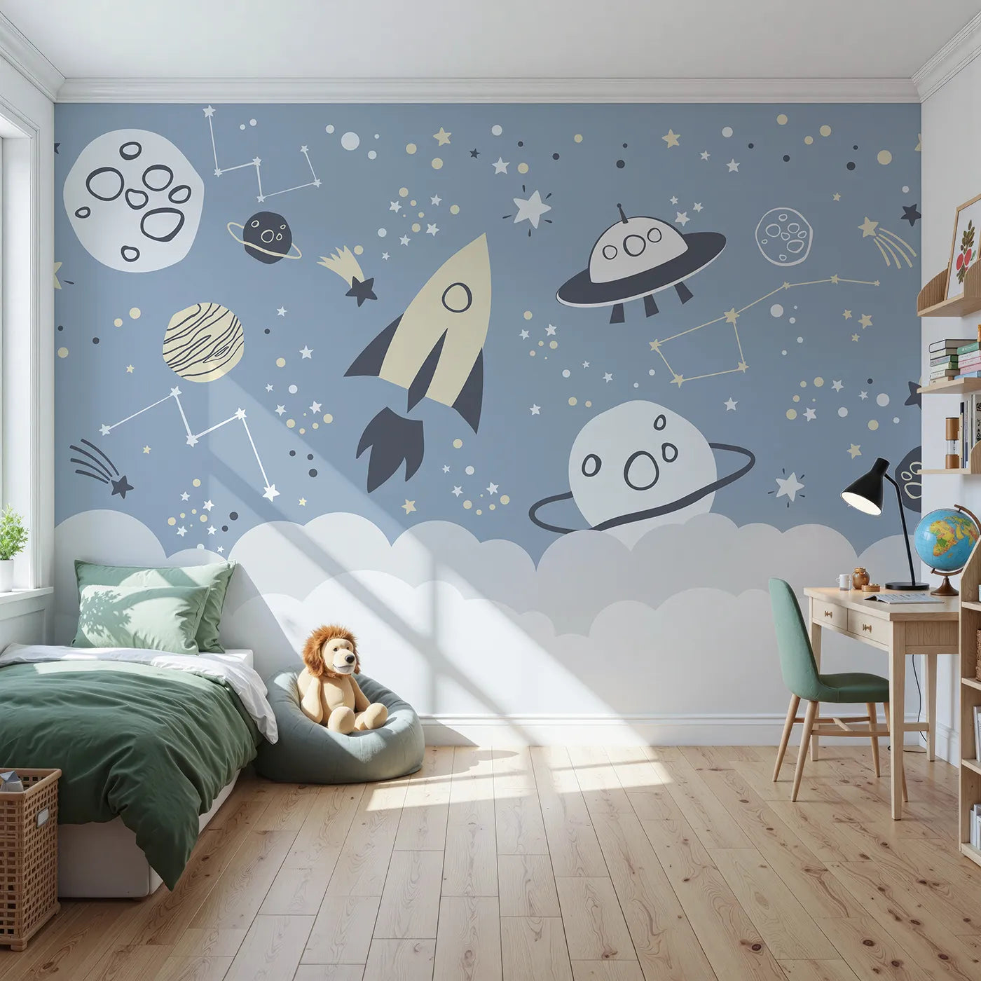 Front view of Whimsy Tots' Doodle Space Adventure Wall Mural