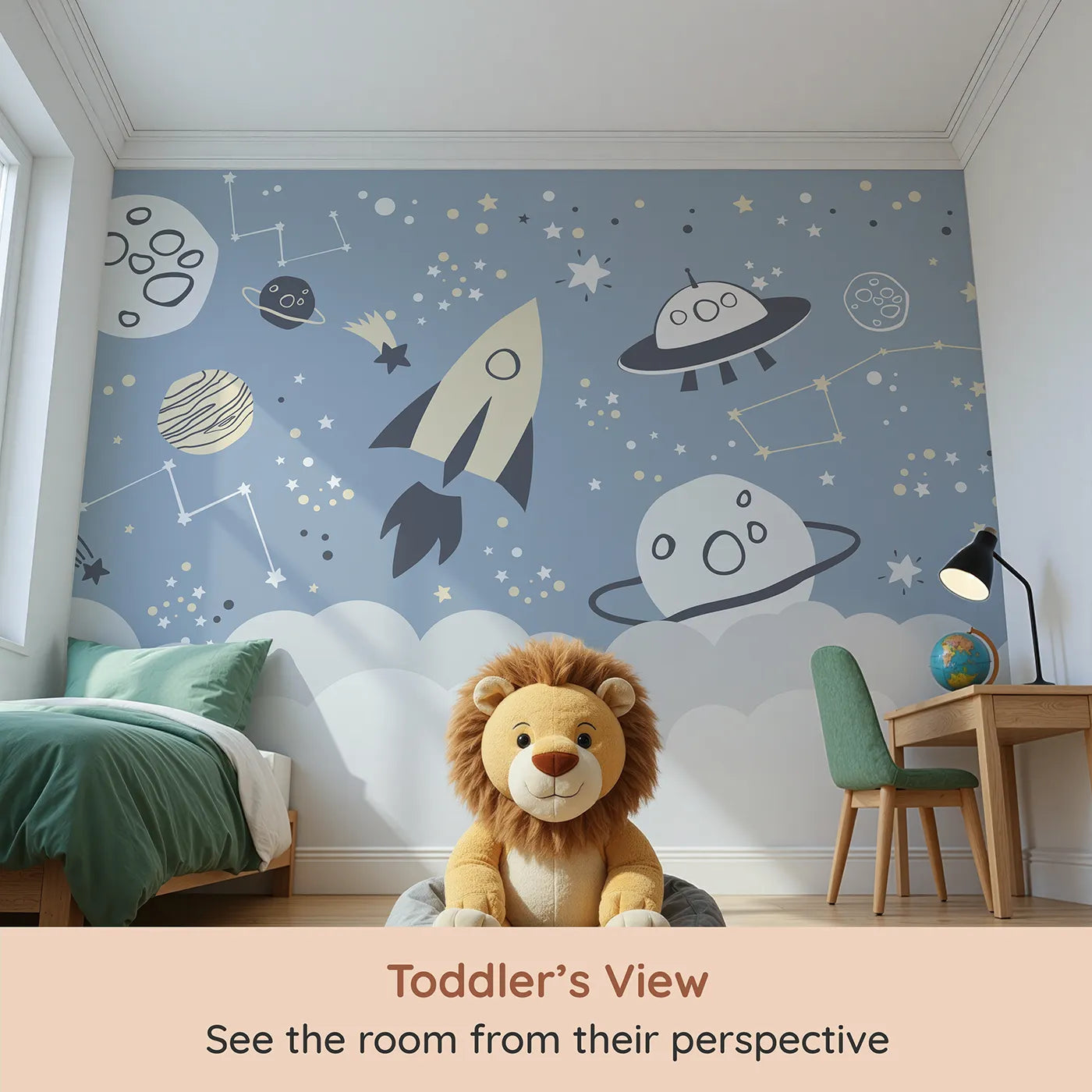 Whimsy Tots Doodle Space Adventure Wall Mural (Turn Their Room into a Fun, Hand-Drawn Galaxy) from your child's view.Gender-Neutral