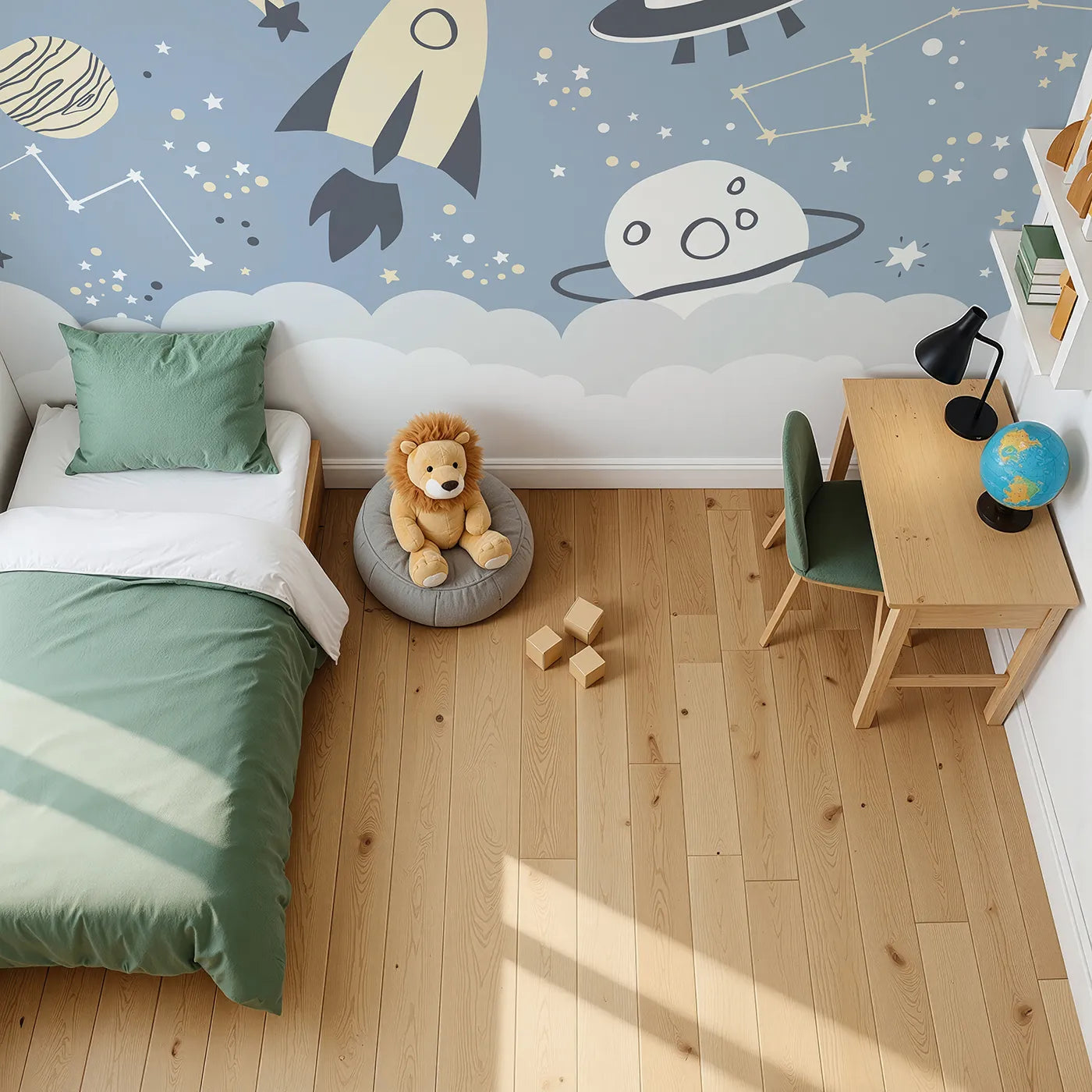 Top-down view of Whimsy Tots' Doodle Space Adventure Wall Mural (Turn Their Room into a Fun, Hand-Drawn Galaxy).Gender-Neutral