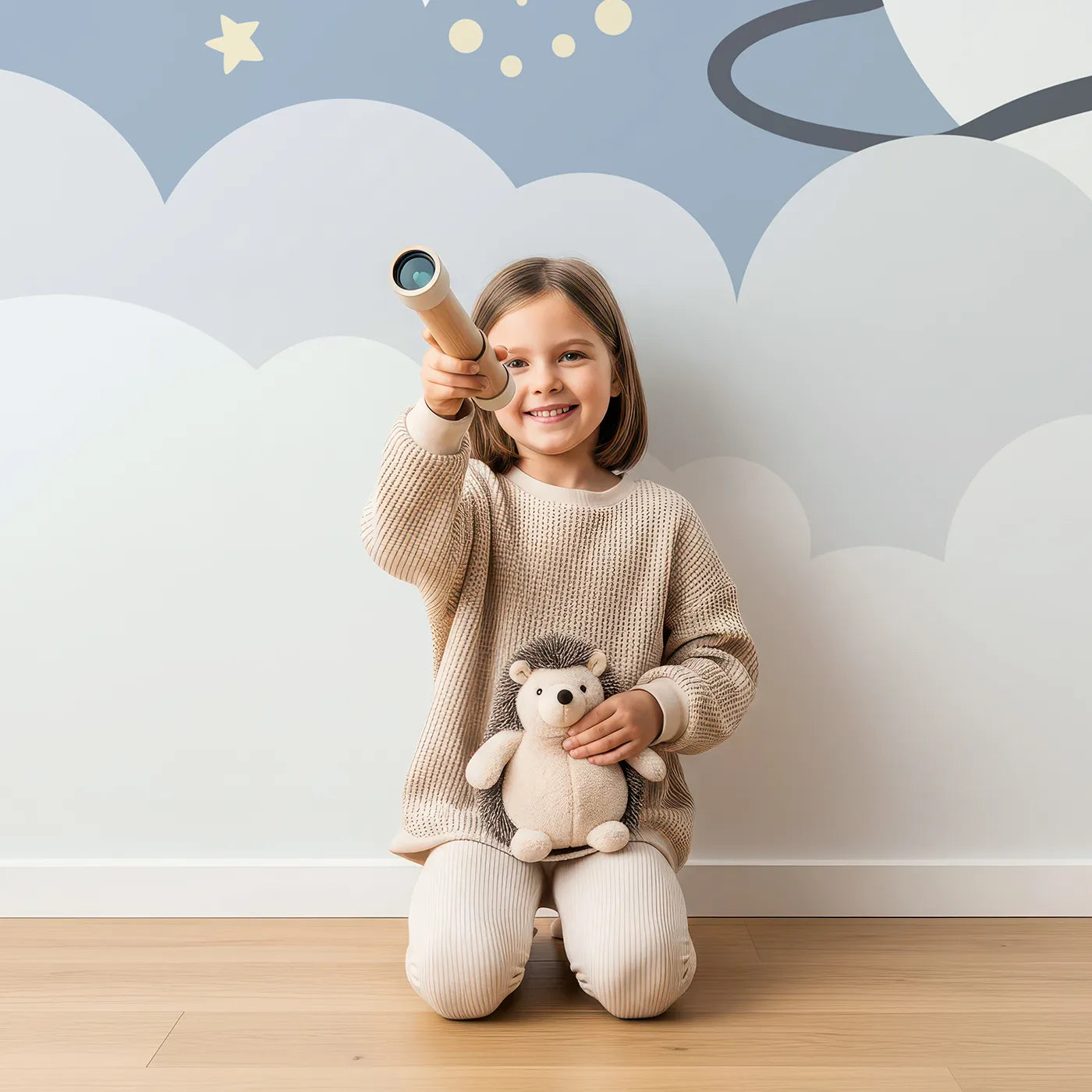 Child in front of Whimsy Tots Doodle Space Adventure Wall Mural with space, doodle, rocket, planet, star, sketch, cute, modern in design.