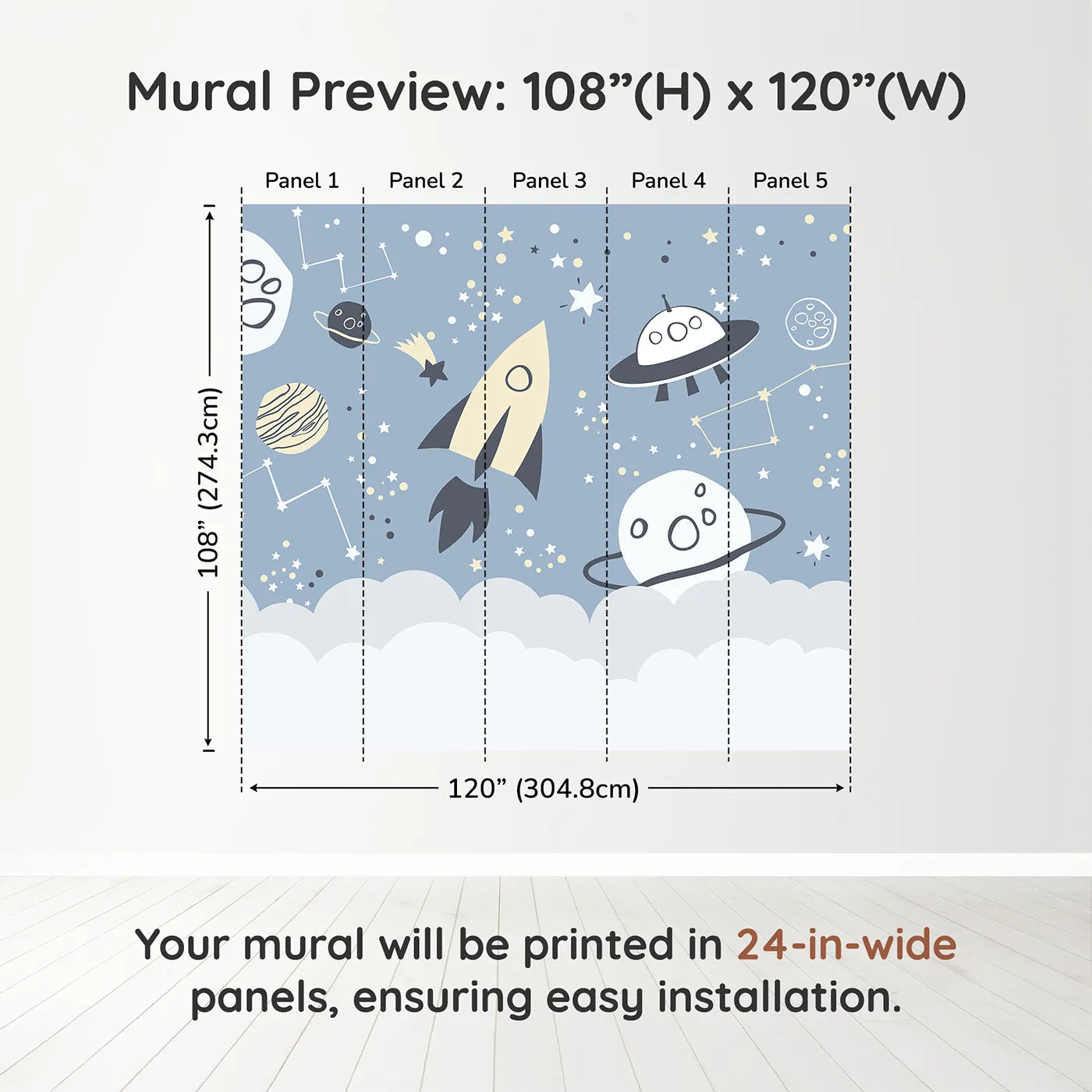 Whimsy Tots Doodle Space Adventure Wall Muraldimension view (108" H x 120" W). Printed in five 24-inch-wide panels. Gender-Neutral