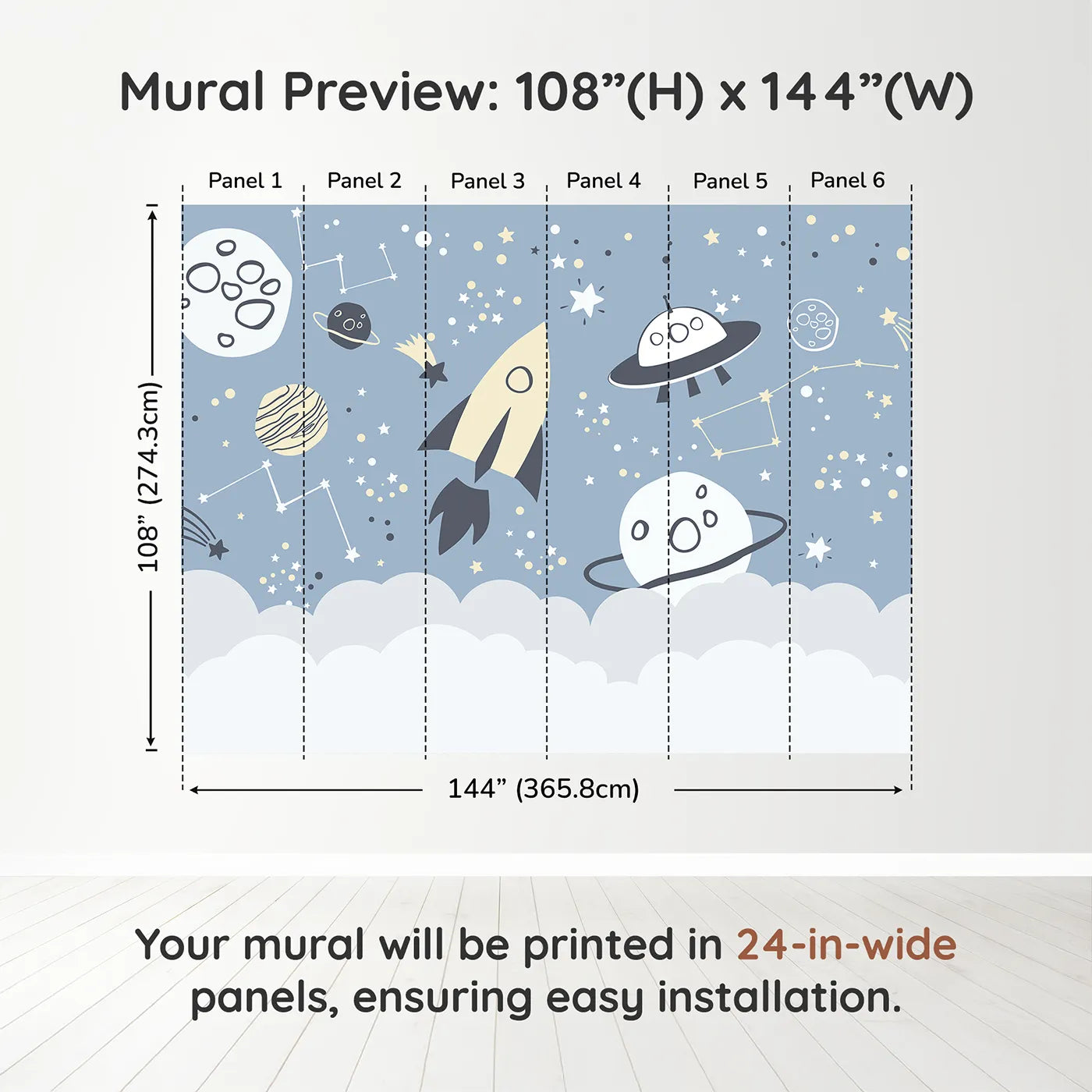 Whimsy Tots Doodle Space Adventure Wall Muraldimension view (108" H x 144" W). Printed in six 24-inch-wide panels. Gender-Neutral