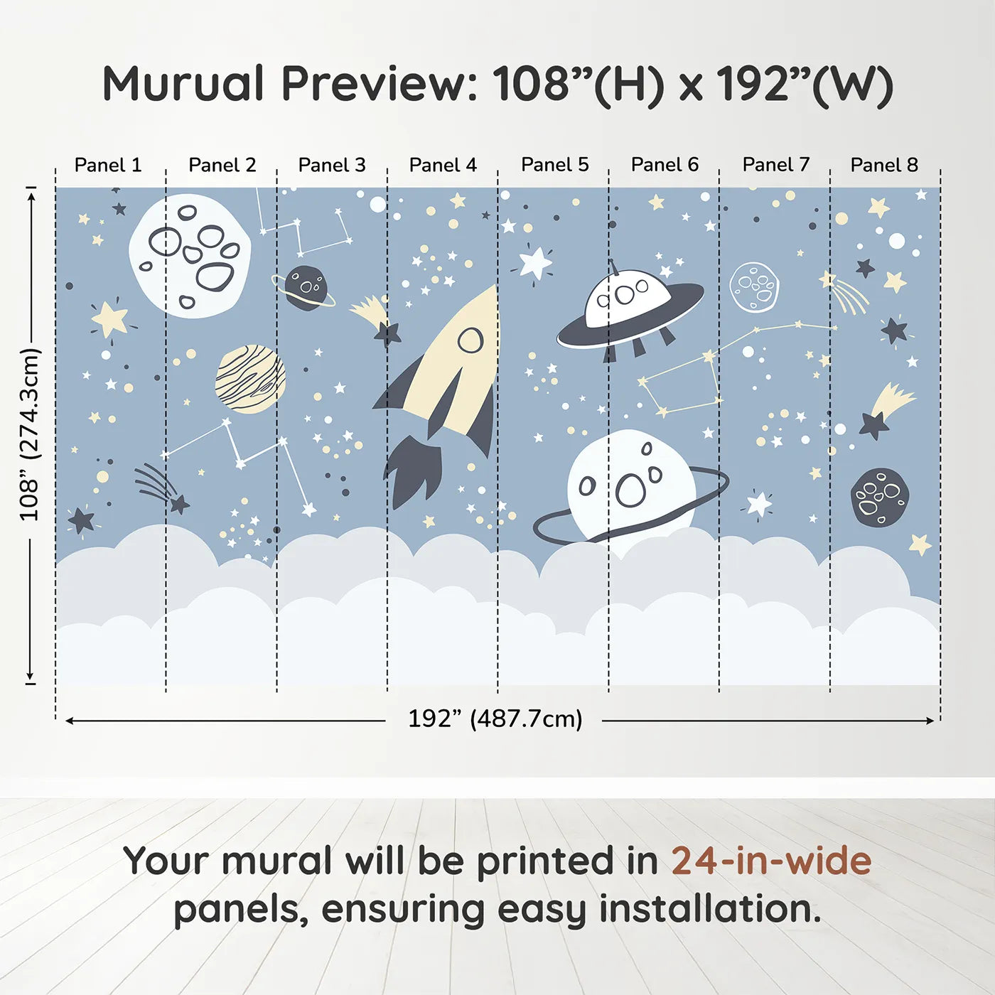 Whimsy Tots Doodle Space Adventure Wall Muraldimension view (108" H x 192" W). Printed in eight 24-inch-wide panels. Gender-Neutral
