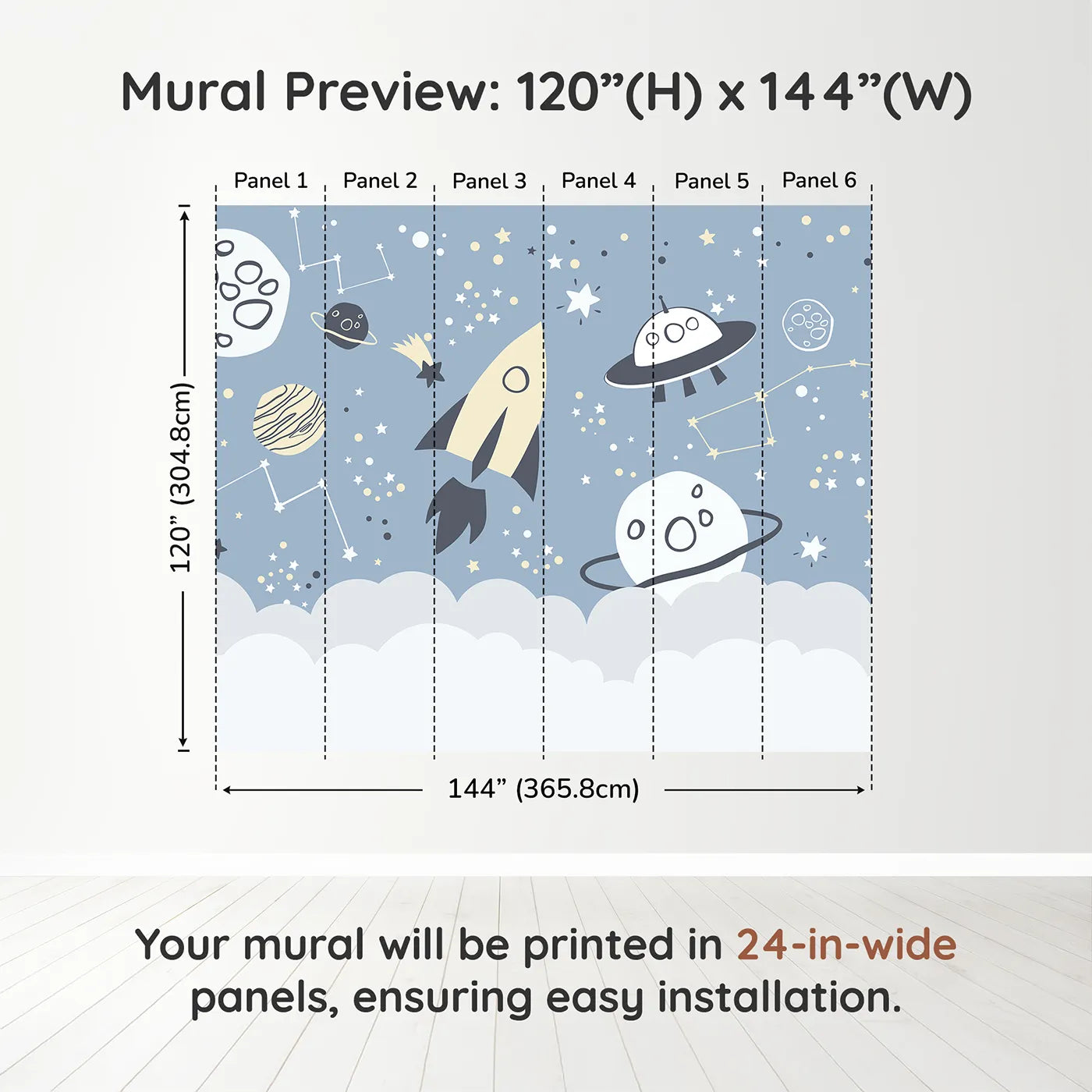 Whimsy Tots Doodle Space Adventure Wall Muraldimension view (120" H x 144" W). Printed in six 24-inch-wide panels. Gender-Neutral