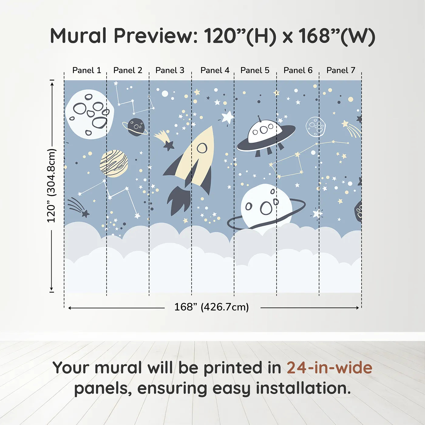 Whimsy Tots Doodle Space Adventure Wall Muraldimension view (120" H x 168" W). Printed in seven 24-inch-wide panels. Gender-Neutral