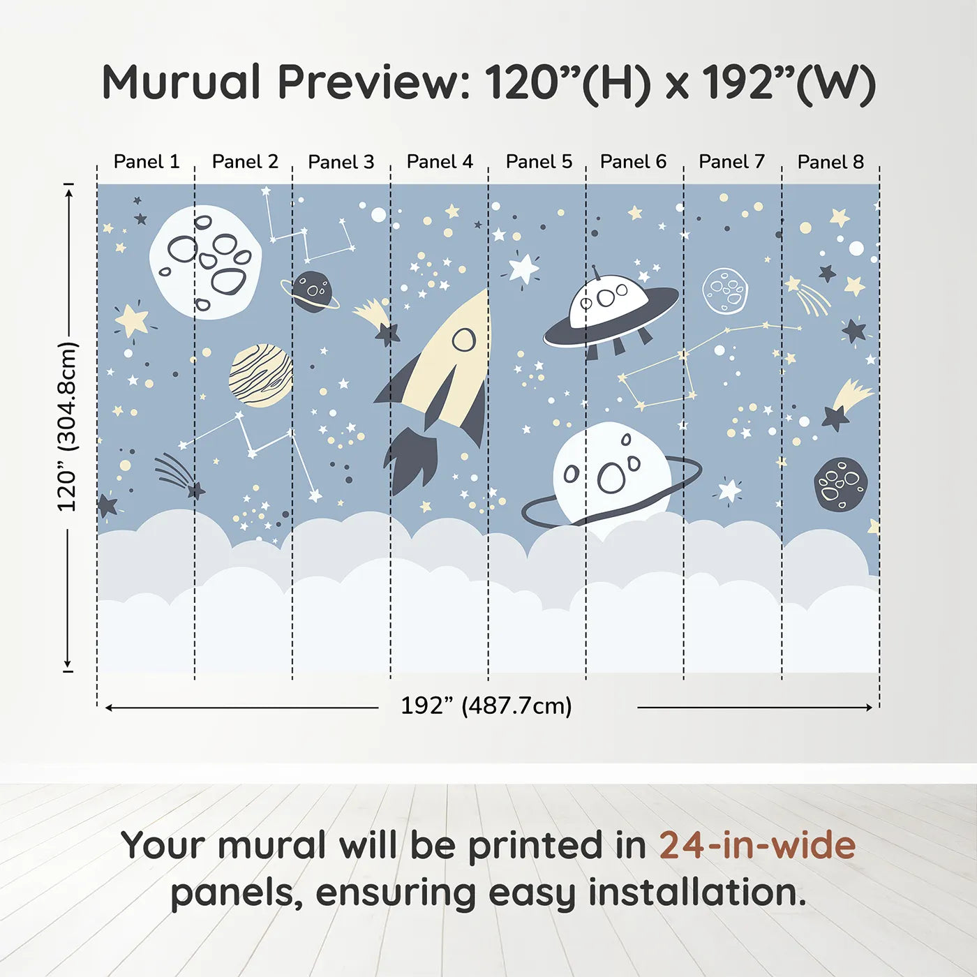 Whimsy Tots Doodle Space Adventure Wall Muraldimension view (120" H x 192" W). Printed in eight 24-inch-wide panels. Gender-Neutral