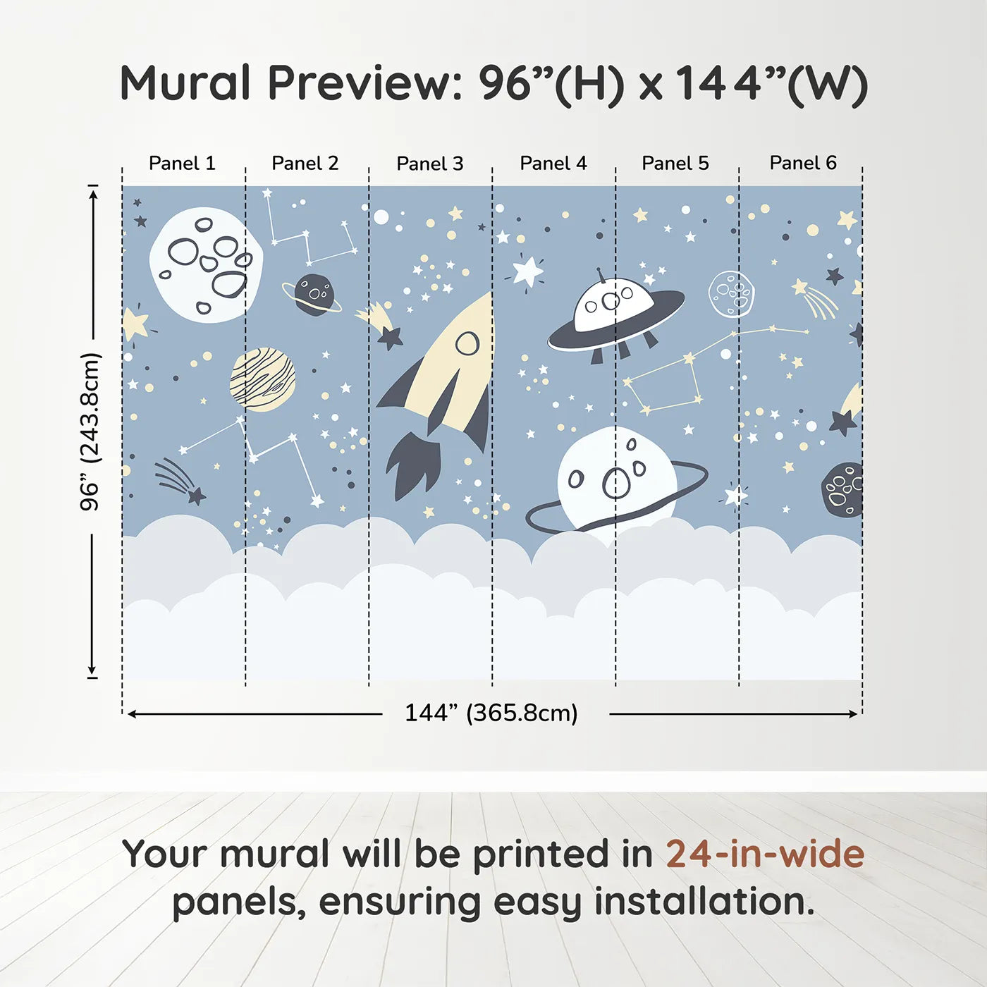 Whimsy Tots Doodle Space Adventure Wall Muraldimension view (96" H x 144" W). Printed in six 24-inch-wide panels. Gender-Neutral