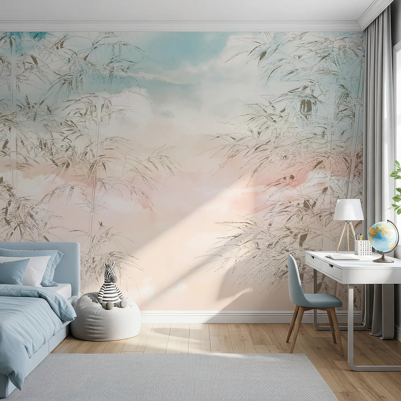 Front view of Whimsy Tots' Sunset Bamboo Sketch Wall Mural