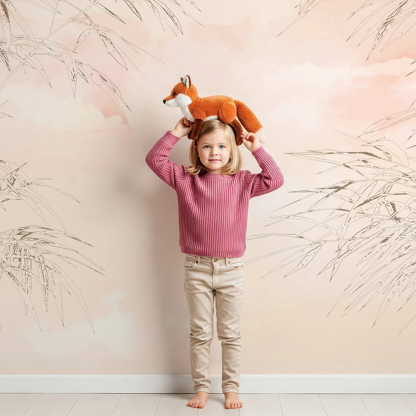 Child in front of Whimsy Tots Sunset Bamboo Sketch Wall Mural with bamboo, sunset, sky, pastel, pink, blue, sketch, watercolor in design.