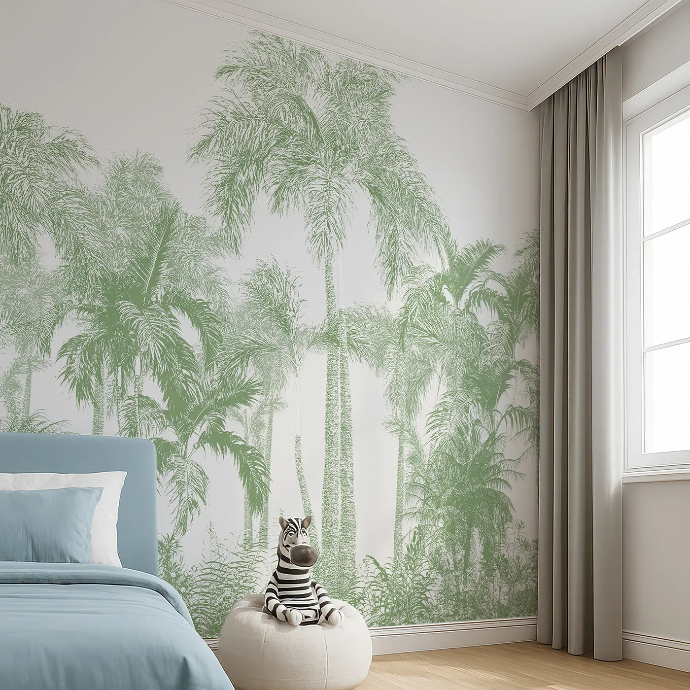 Angled view of Whimsy Tots' Green Palm Engraving Wall Mural (Turn Their Room into a Classic, Tropical Paradise).Gender-Neutral