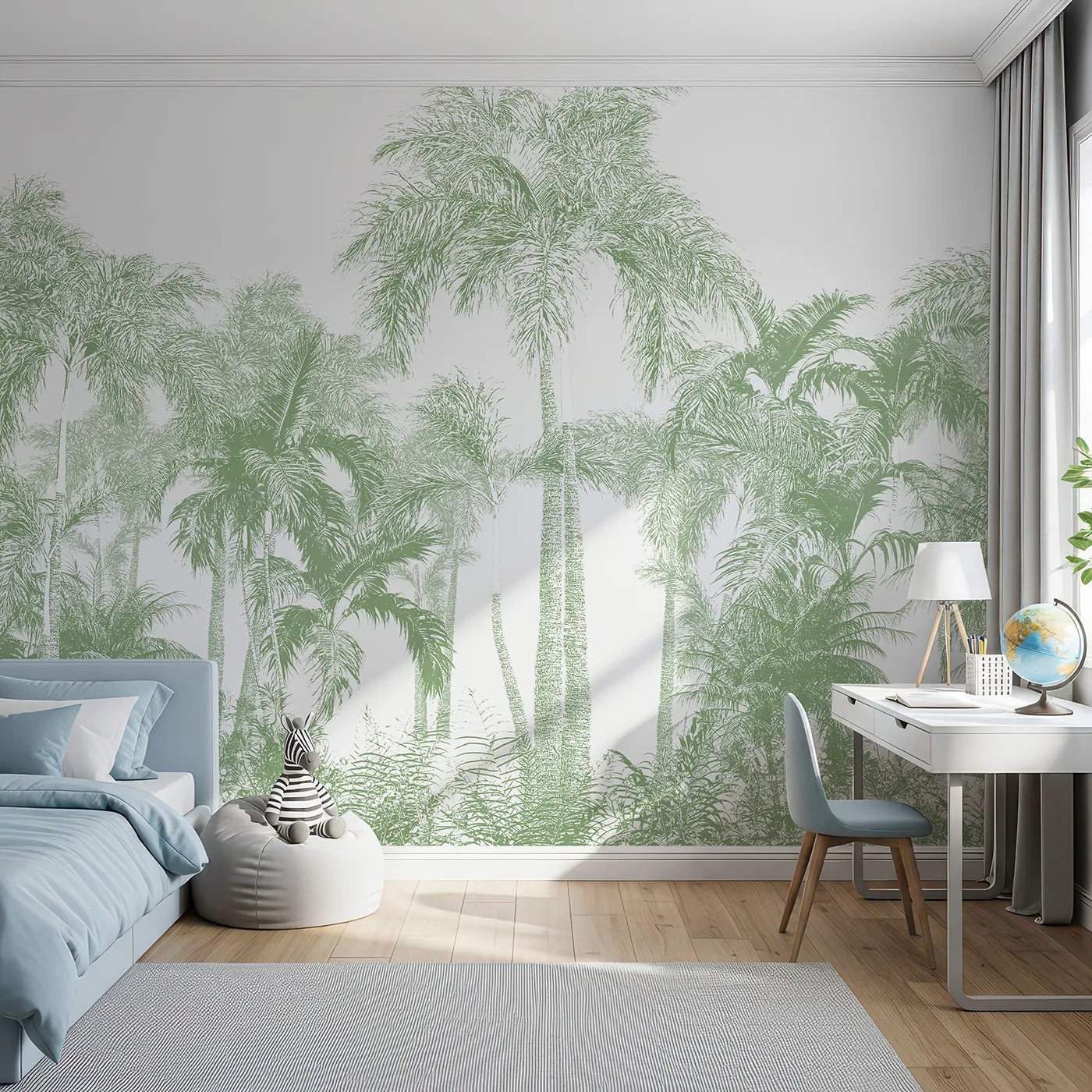 Front view of Whimsy Tots' Green Palm Engraving Wall Mural
