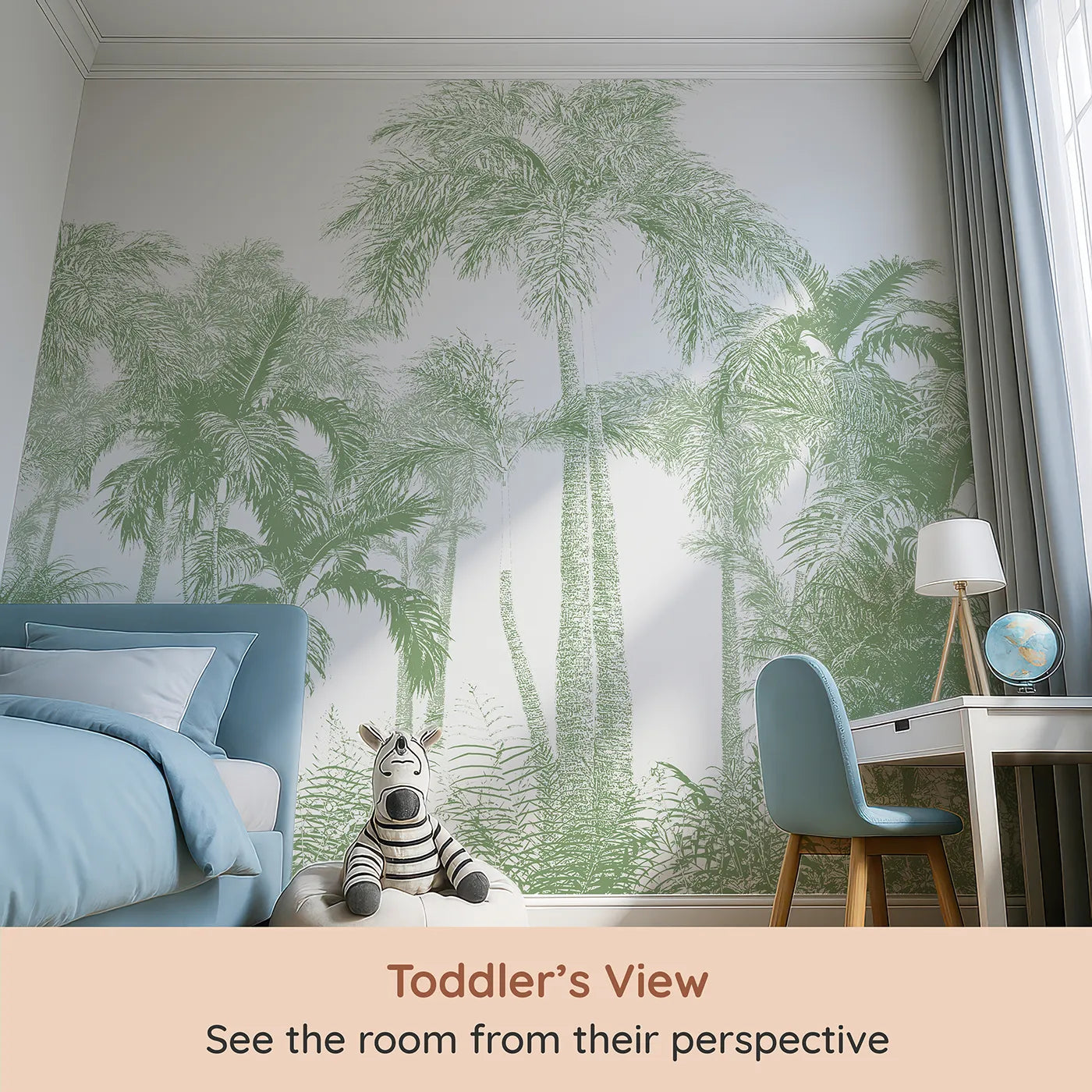 Whimsy Tots Green Palm Engraving Wall Mural (Turn Their Room into a Classic, Tropical Paradise) from your child's view.Gender-Neutral