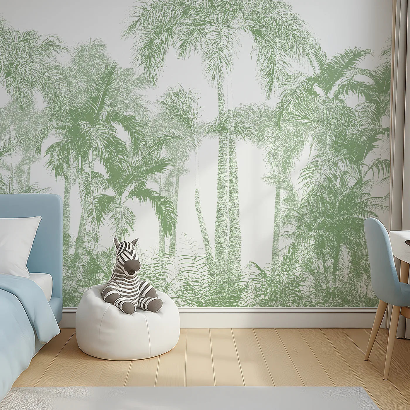 Top-down view of Whimsy Tots' Green Palm Engraving Wall Mural (Turn Their Room into a Classic, Tropical Paradise).Gender-Neutral