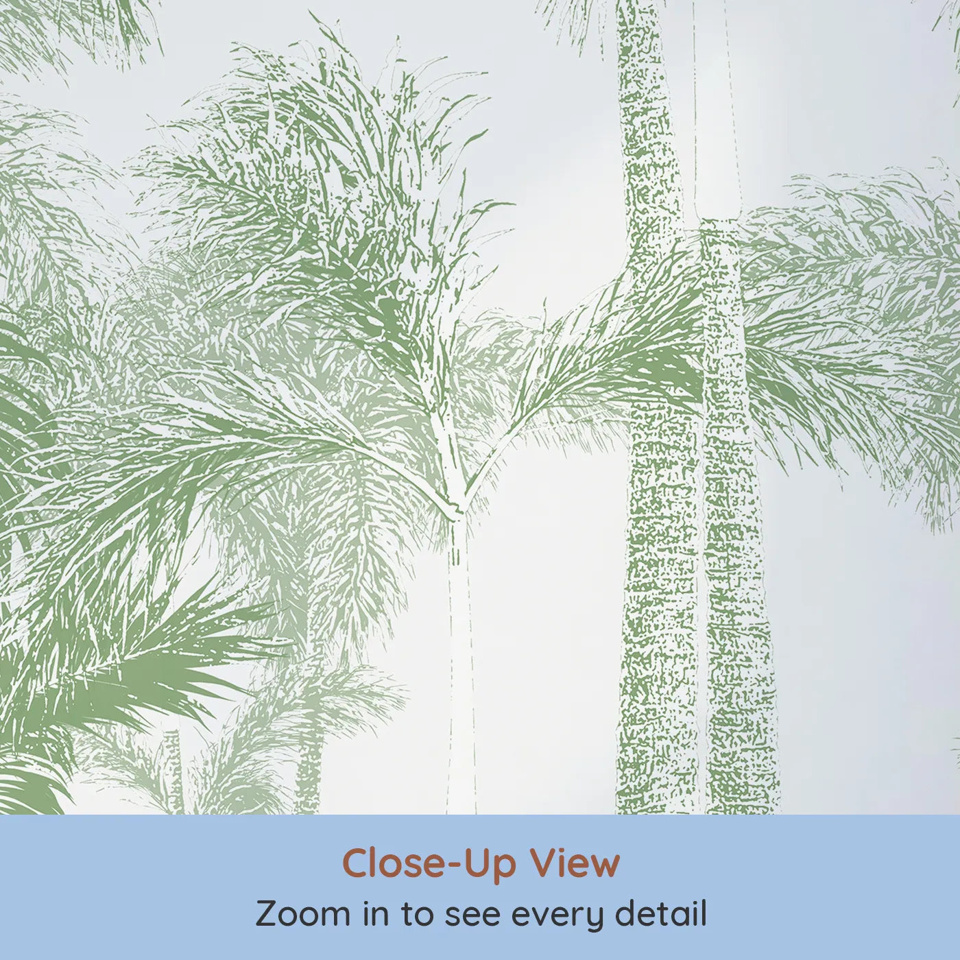 Close-up view of Whimsy Tots' Green Palm Engraving Wall Mural (Turn Their Room into a Classic, Tropical Paradise).Gender-Neutral