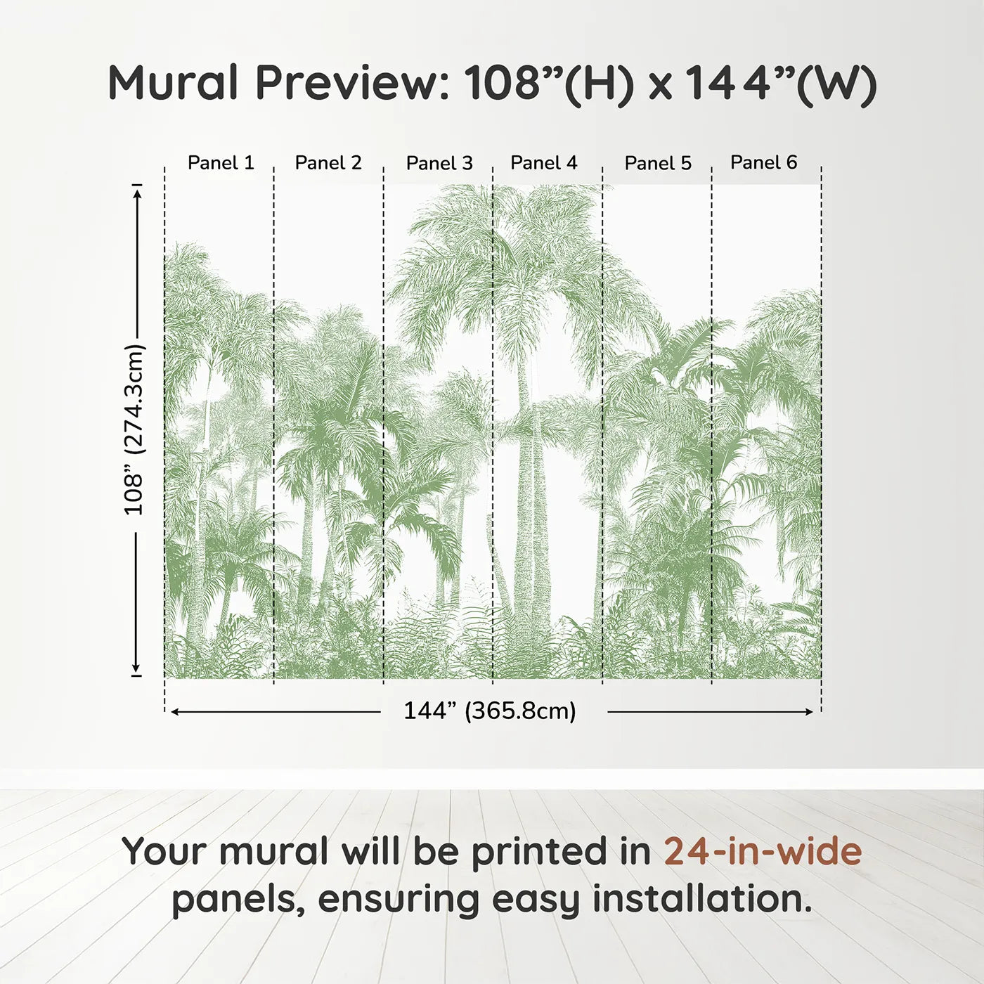 Whimsy Tots Green Palm Engraving Wall Muraldimension view (108" H x 144" W). Printed in six 24-inch-wide panels. Gender-Neutral