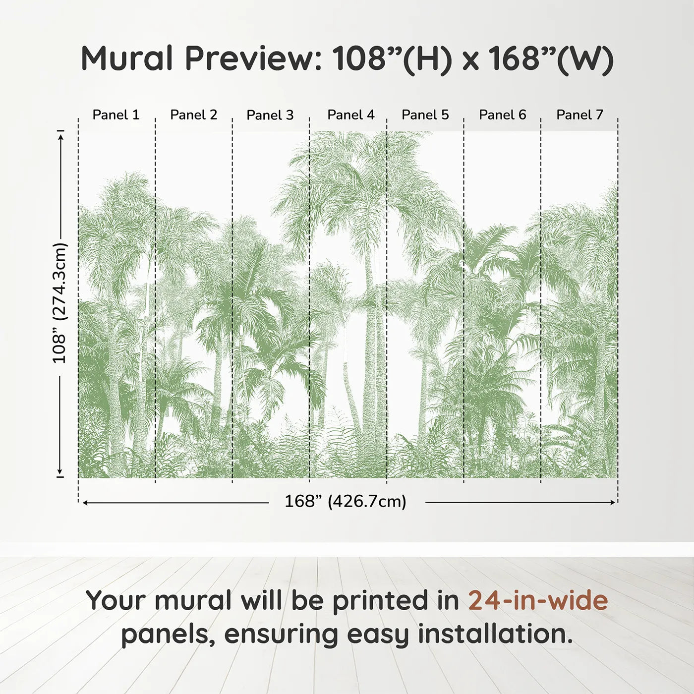 Whimsy Tots Green Palm Engraving Wall Muraldimension view (108" H x 168" W). Printed in seven 24-inch-wide panels. Gender-Neutral