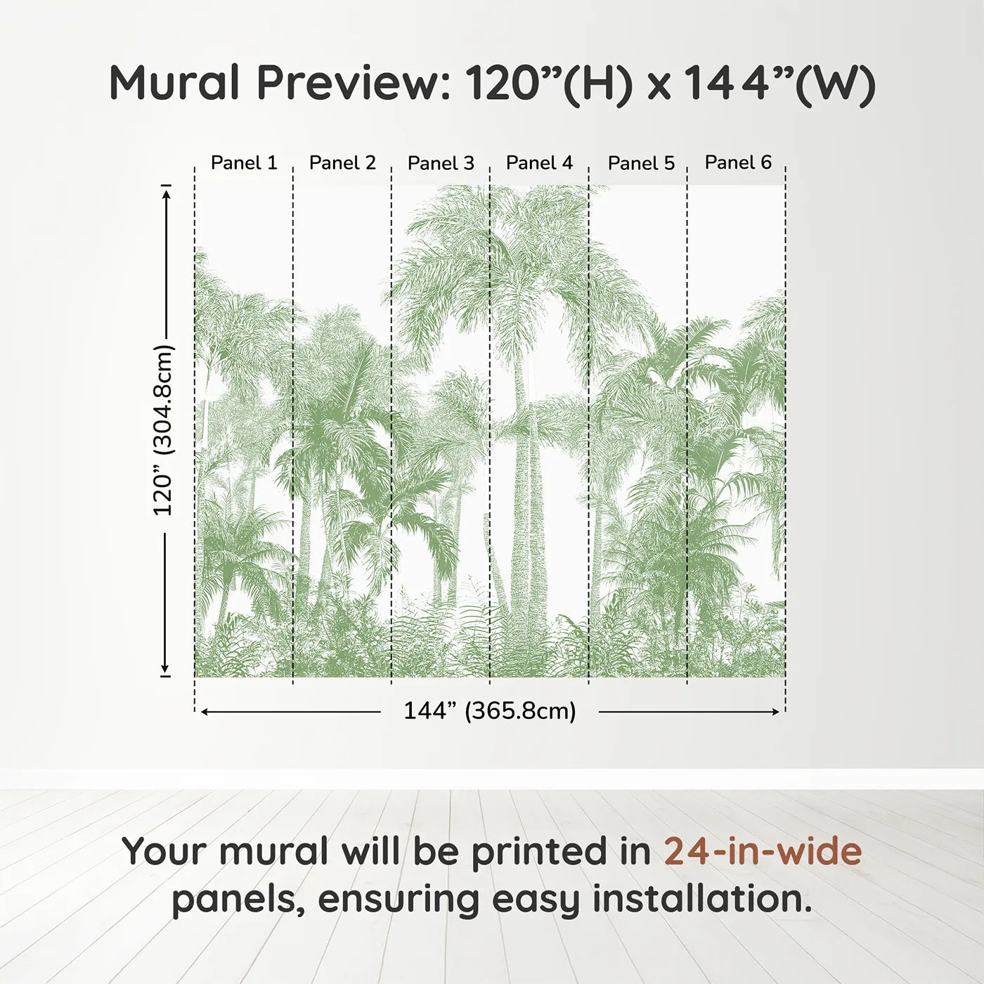 Whimsy Tots Green Palm Engraving Wall Muraldimension view (120" H x 144" W). Printed in six 24-inch-wide panels. Gender-Neutral