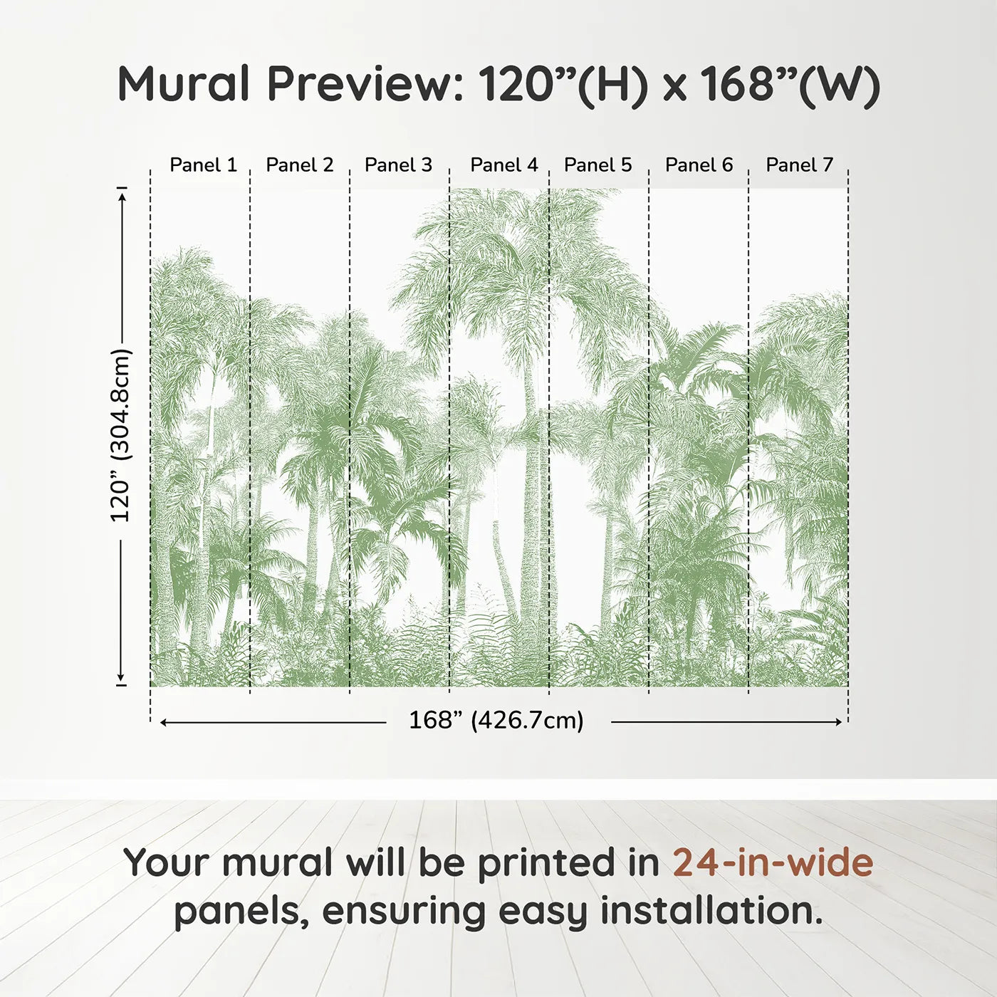 Whimsy Tots Green Palm Engraving Wall Muraldimension view (120" H x 168" W). Printed in seven 24-inch-wide panels. Gender-Neutral
